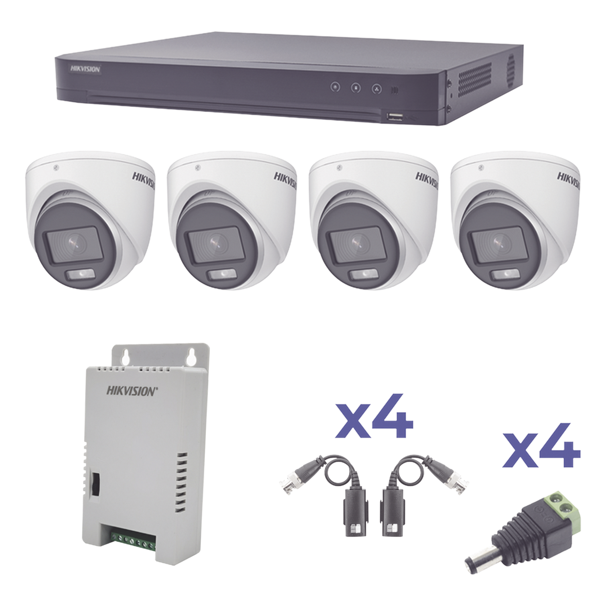 KIT COLORVU TURBOHD 1080p / DVR 4 Canales / 4 Cámaras eyeball (exterior) lente 2.8mm / Fuente de poder profesional / Transceptores de video y Accesorios de corriente — HIKVISION · SKU KH1080P4EC