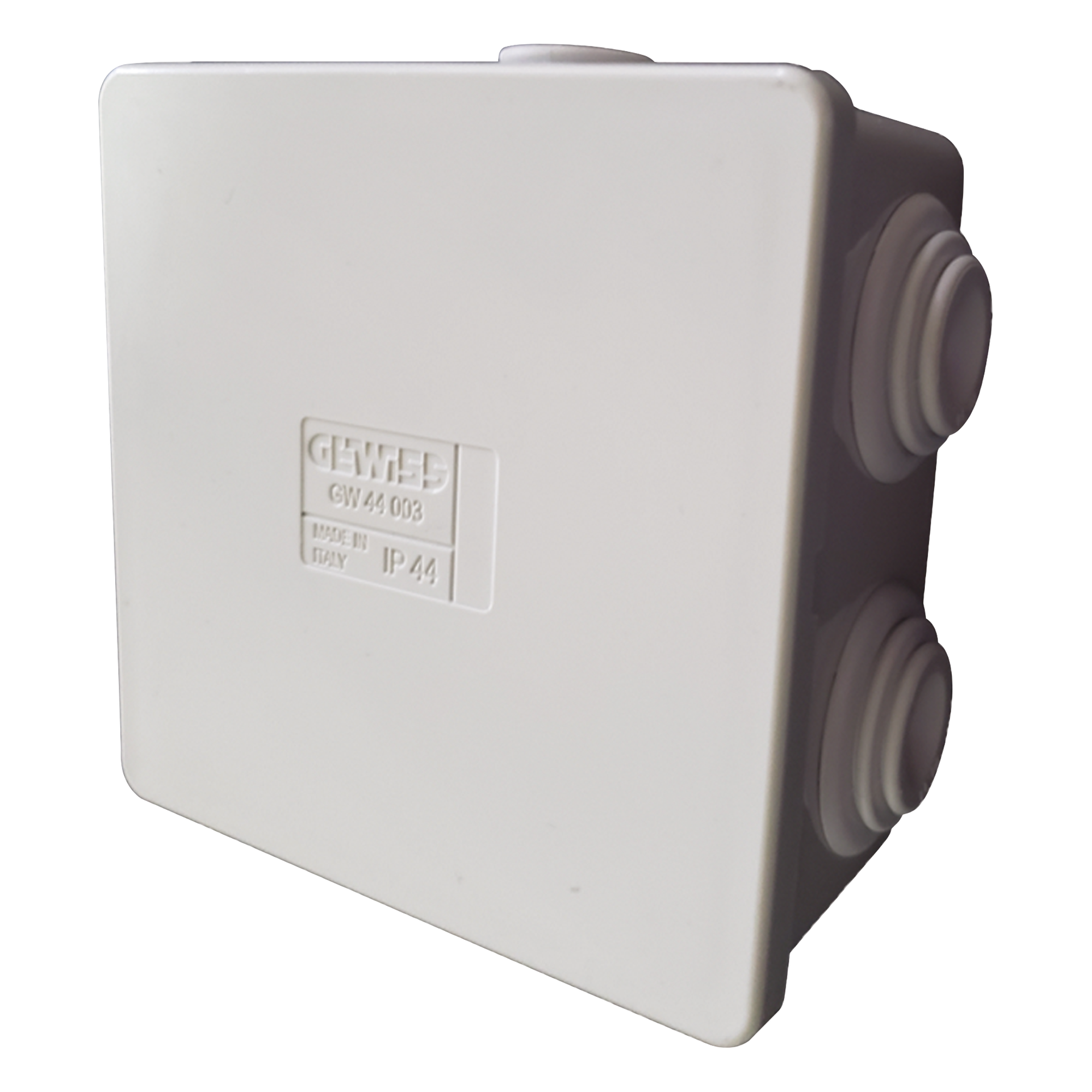 Caja Estanca de PVC Para Derivación y Conexión, 6 Entradas, Tapa a Presión, 80×80×40 mm (Mayor Área Interna, Uso Exterior IP44, Material que no Propaga el Fuego y Libre de Hálogenos — GEWISS · SKU GW-44-003