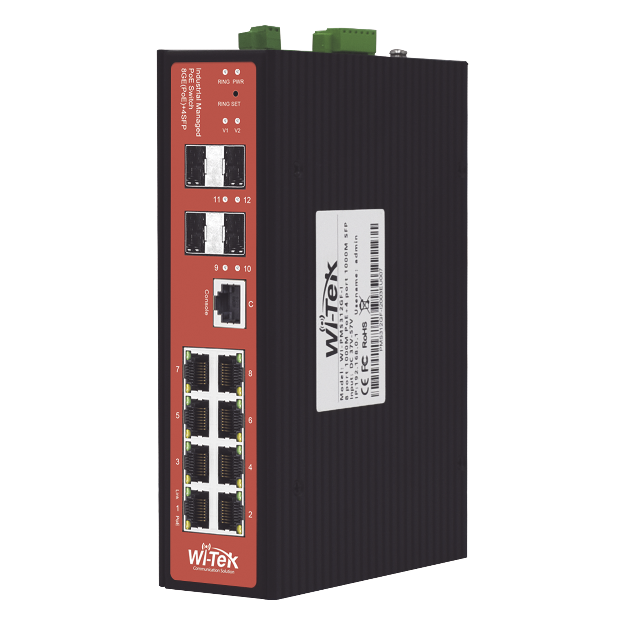 Switch Industrial administrable PoE, puerto 1-2 PoE 24/48. puertos 3-8 puertos 802.3 af/at/bt, hasta 60 W — WI-TEK · SKU WIPMS312GFIV2