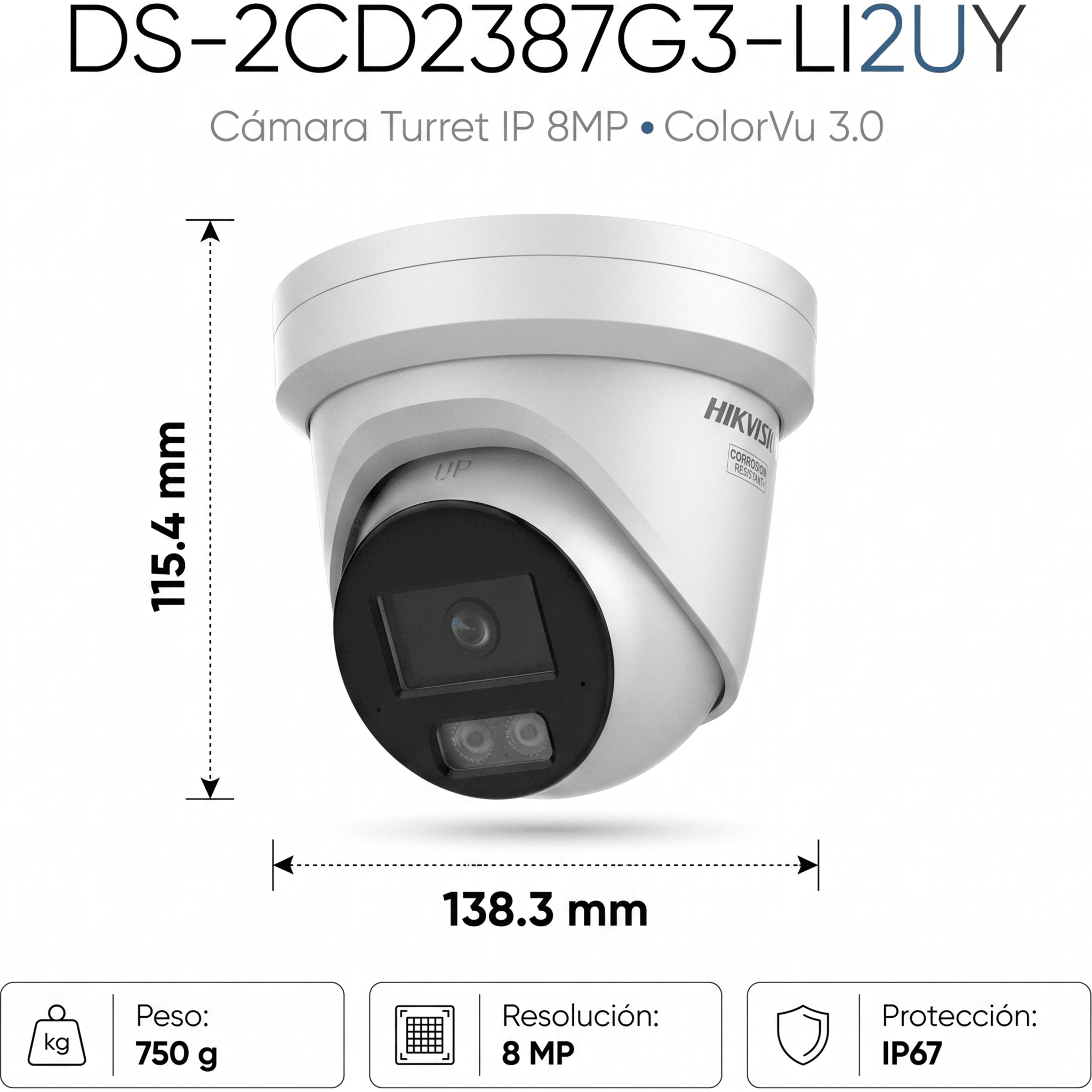 [Dual Light + ColorVu 3.0 + HikAI] Turret IP 8 Megapixel / Lente 2.8 mm / 30 mts IR + Luz Blanca / 2 Microfonos Integrados / Exterior IP67 / WDR 130 dB / ACUSENSE 3.0 / Metal / NEMA 4X / ACUSEEK
