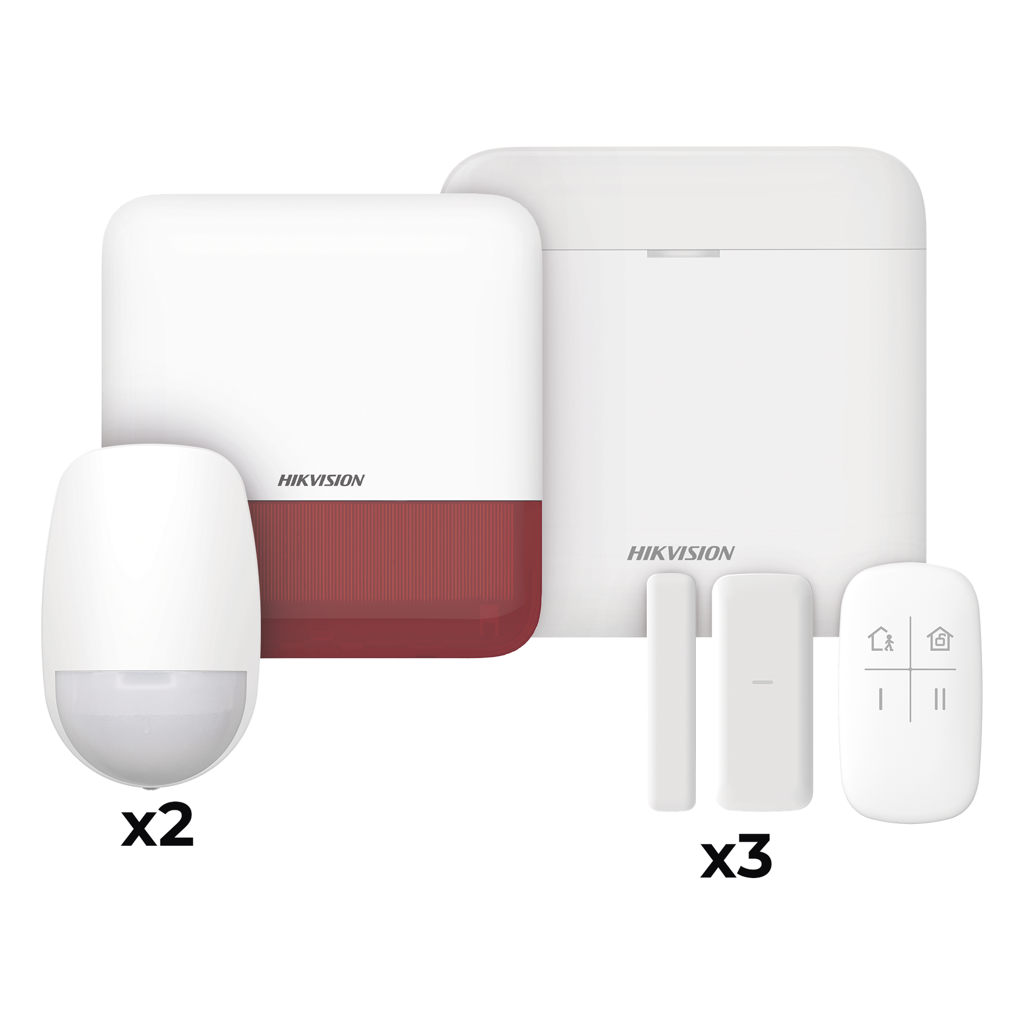 (AX PRO) KIT de Alarma AX PRO / Incluye: 1 Hub con batería de respaldo / 2 Sensores PIR / 3 Contactos Magnéticos mini / 1 Control Remoto / 1 Sirena Inalambrica Exterior color rojo / WiFi / Compatible con Hik-Connect P2P — HIKVISION · SKU DS-PWA48-KV2(R)