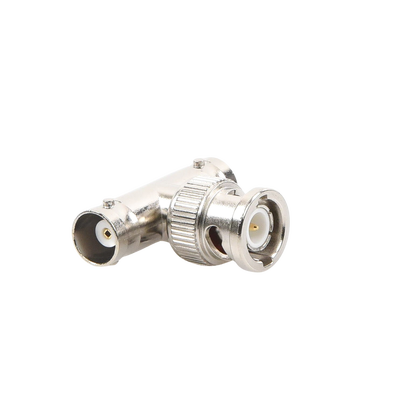 Adaptador en T para 50 Ohm de BNC Macho a Doble BNC Hembra, Troquelado, Níquel/ Oro/ Delrin.