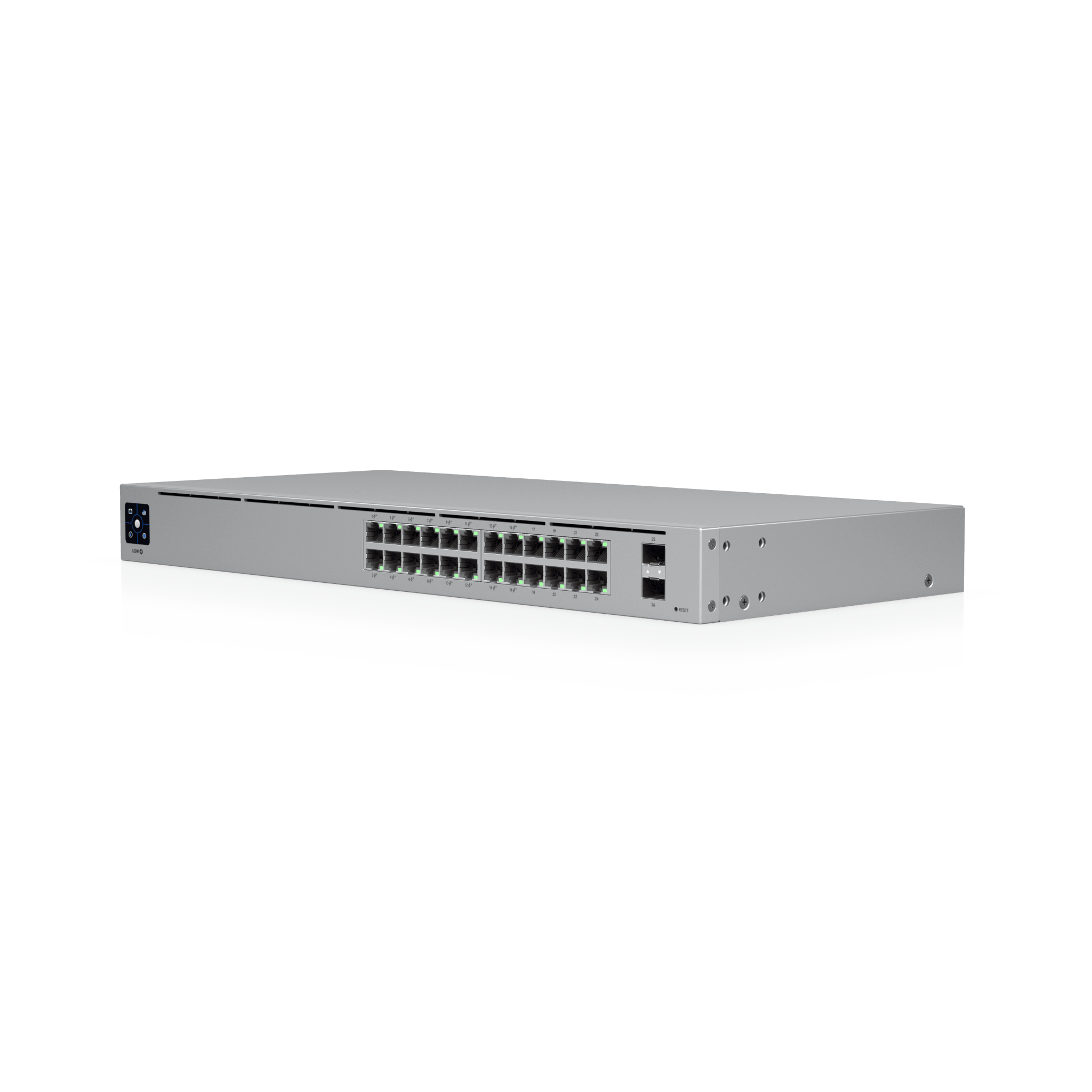 Switch UniFi Capa 2 / 24 Puertos Gigabit / 16 Puertos PoE+ 802.3af/at / 95W Total / 2 Puertos SFP 1G / Pantalla LCM / Sin Ventilador