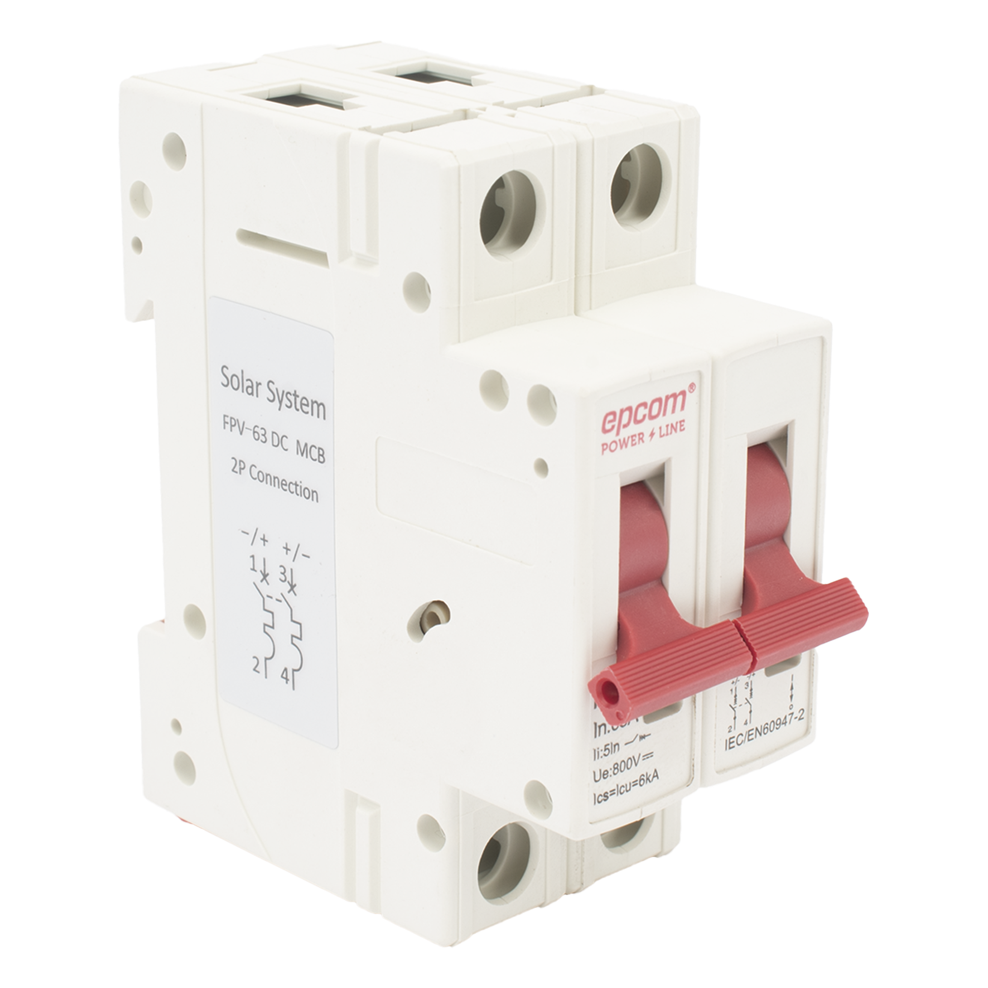 Protección Térmica/ Interrupción 2P,  63 A,  Corriente Directa  800 Vcc para Aplicación Fotovoltaica Montaje Riel DIN — EPCOM POWERLINE · SKU FPV632PC63