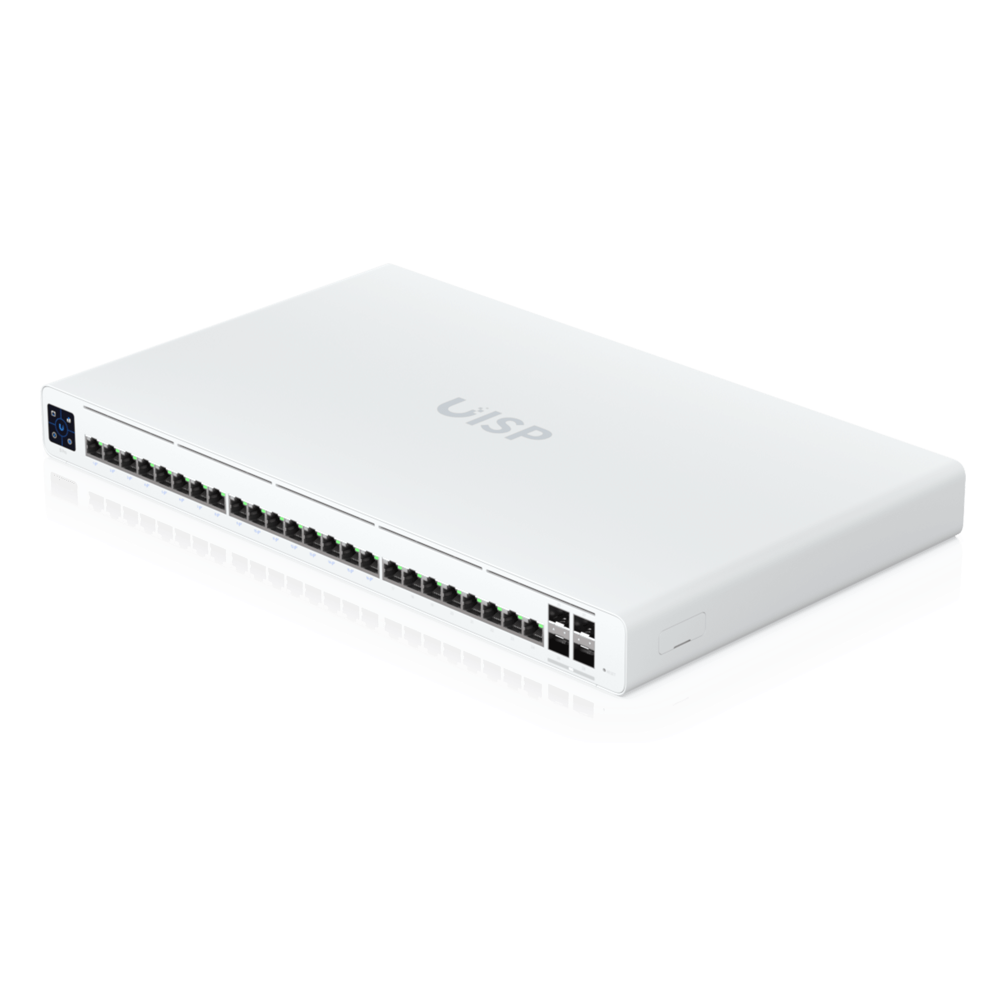 UISP Switch Pro – Switch PoE de 220 W (27 V) con 24 Puertos GbE, 16 Puertos PoE Pasivo 27 V y 4 Puertos SFP+ 10G — UBIQUITI · SKU UISP-S-PRO