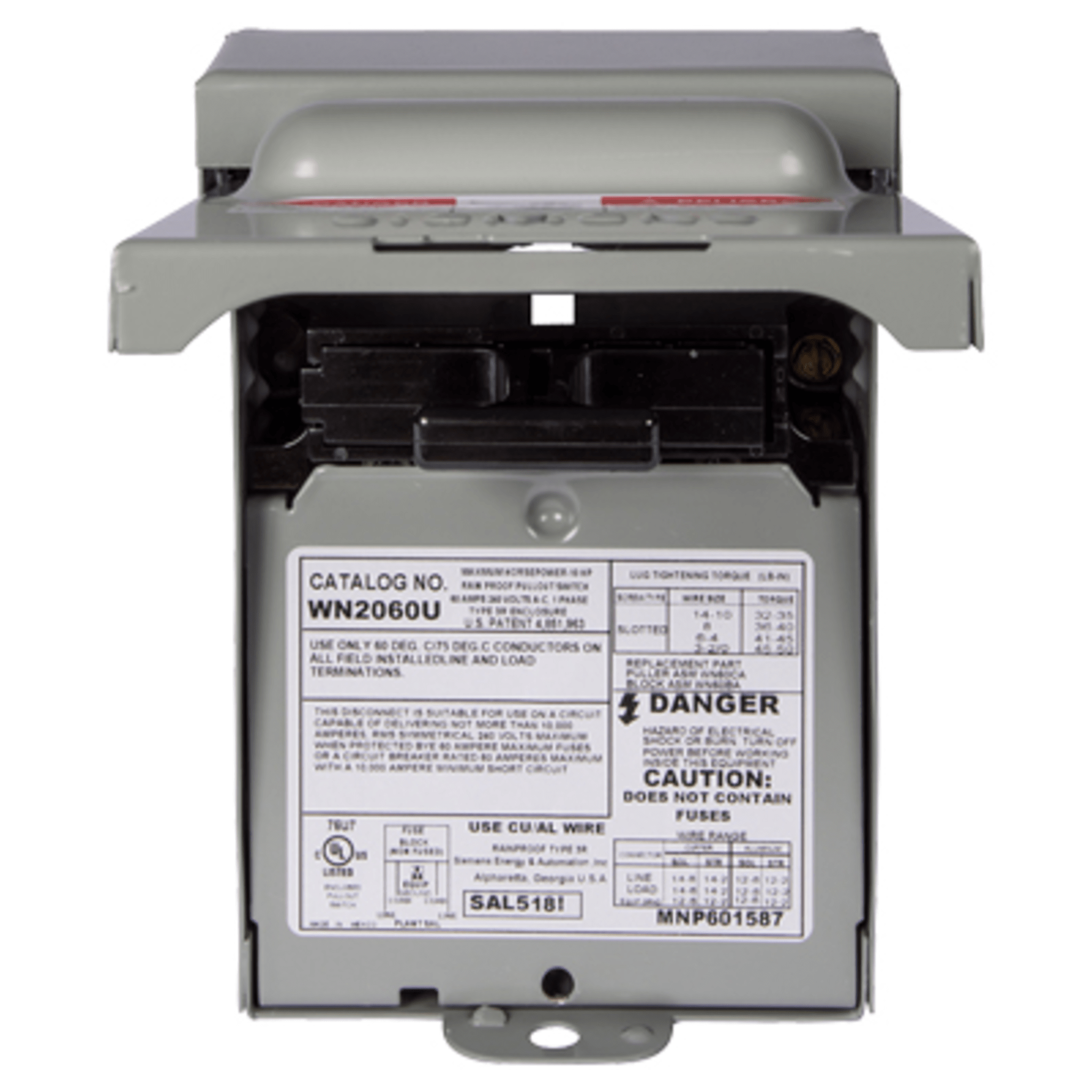  Interruptor de seguridad 2x60Amp. Nema 3R, Sin Portafusible