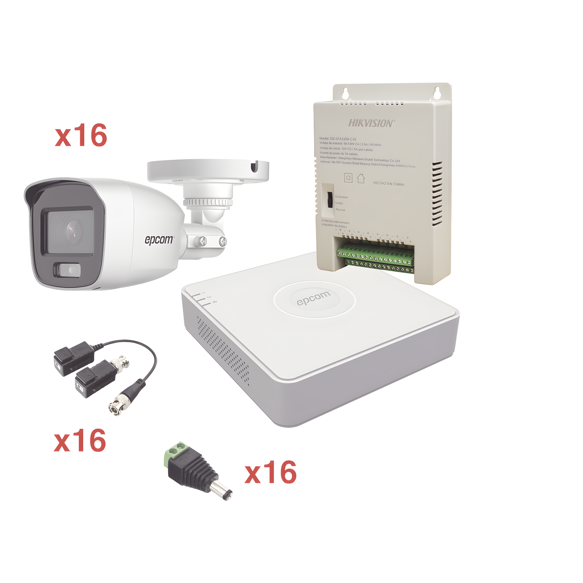 Kit TurboHD 1080p Lite / DVR 16 Canales / 16 Cámaras Bala Exterior ( 2.8mm) con ColorVu + Micrófono Integado / Transceptores / Conectores / Fuente de Poder Profesional — EPCOM · SKU KE1080PL/16BCA