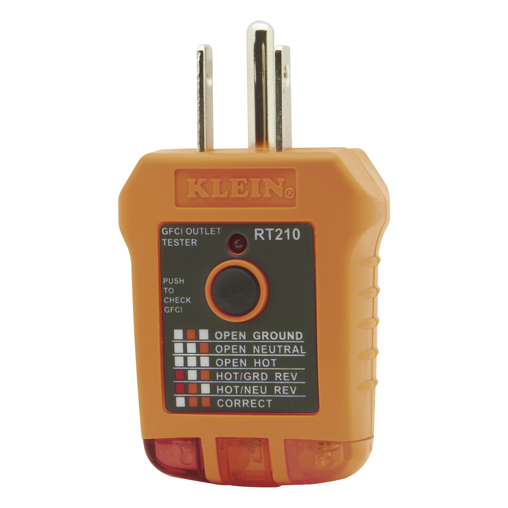 Probador de Tomacorrientes Estándar y Tomacorrientes con Interruptor de Falla a Tierra (GFCI). — KLEIN TOOLS · SKU RT-210