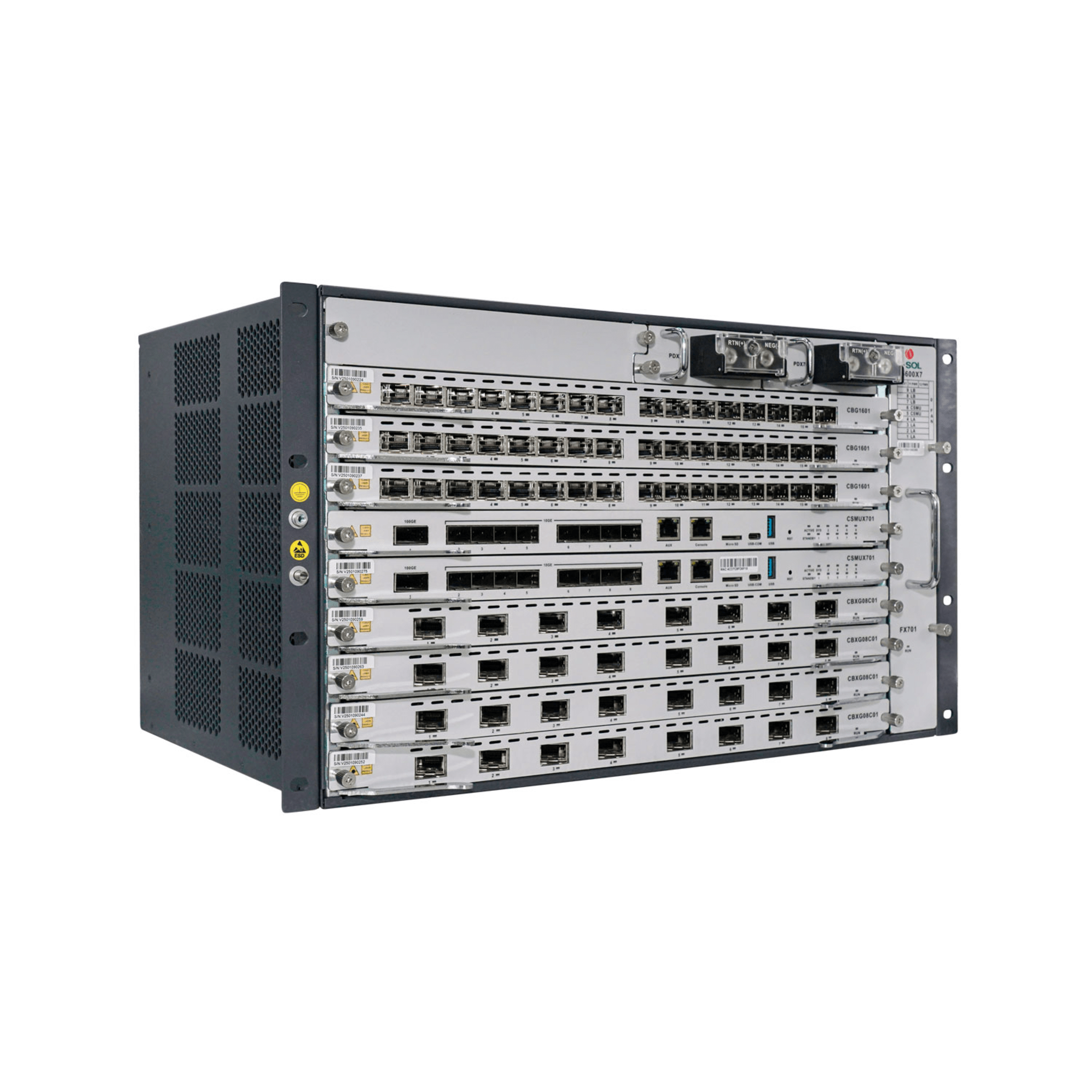 OLT Modular tipo Chasis GPON/XGS-PON Combo, 7 Ranuras de Servicio, Incluye 1 Tarjeta de Servicio de 16 puertos GPON