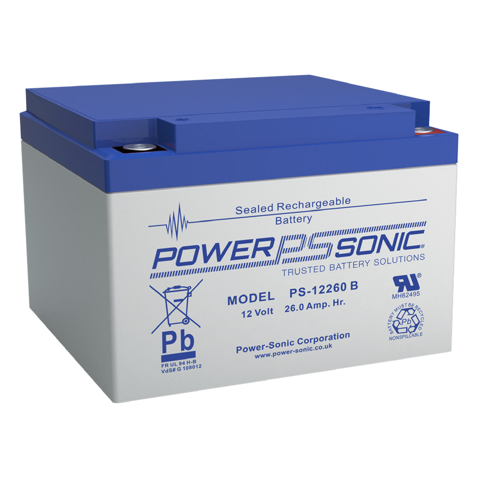 Batería de Respaldo AGM/VRLA / 12V / 26 Ah / Terminales M5 / Vida Útil 5 Años / Caja ABS Ignífuga UL94:V0 — POWER SONIC · SKU PS-12260-B