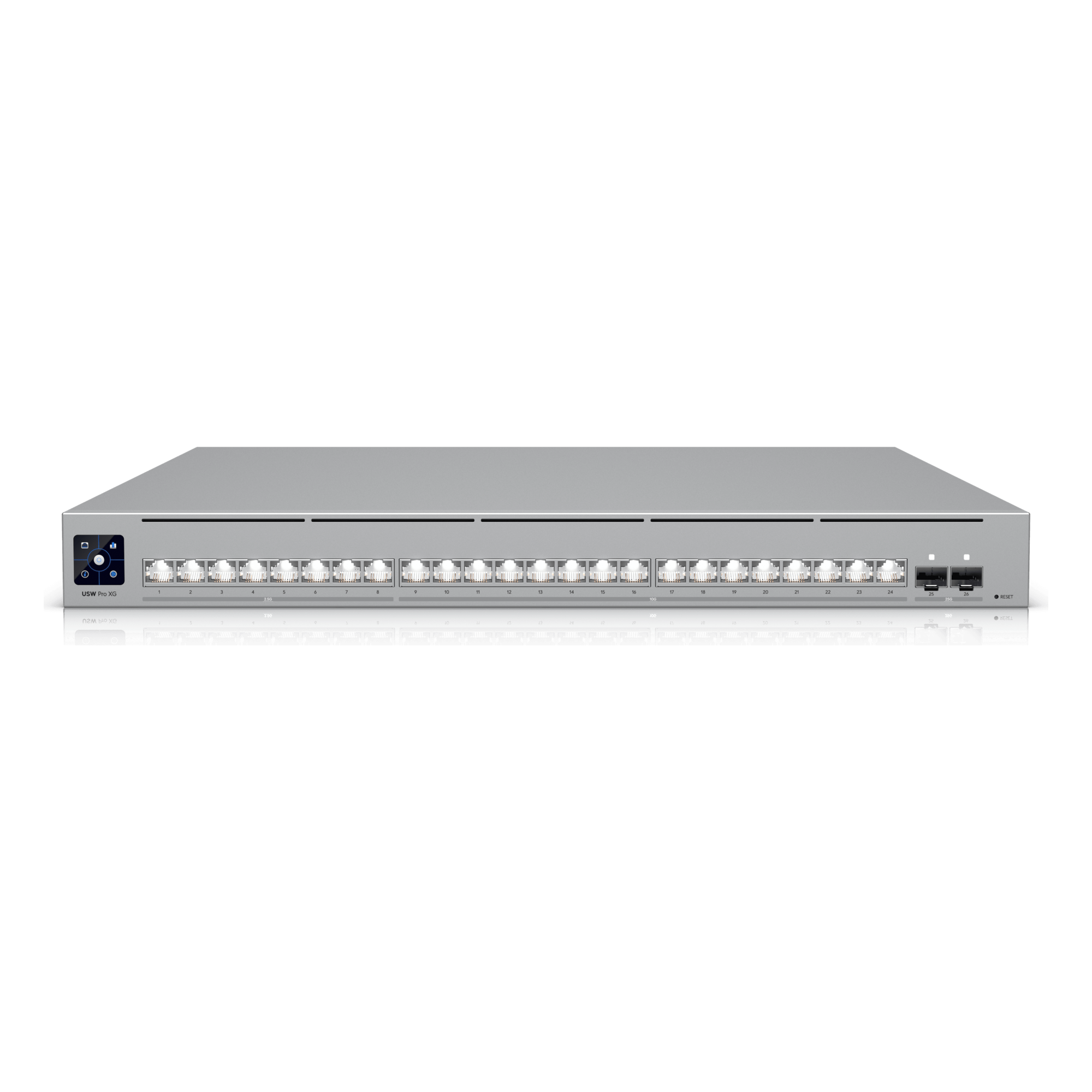 UniFi Switch USW-Pro-XG-24 / Capa 3 / 24 puertos  (16 × 10 GbE, 8 × 2,5 GbE) + 2 puertos SFP28 25 G — UBIQUITI · SKU USW-PRO-XG-24