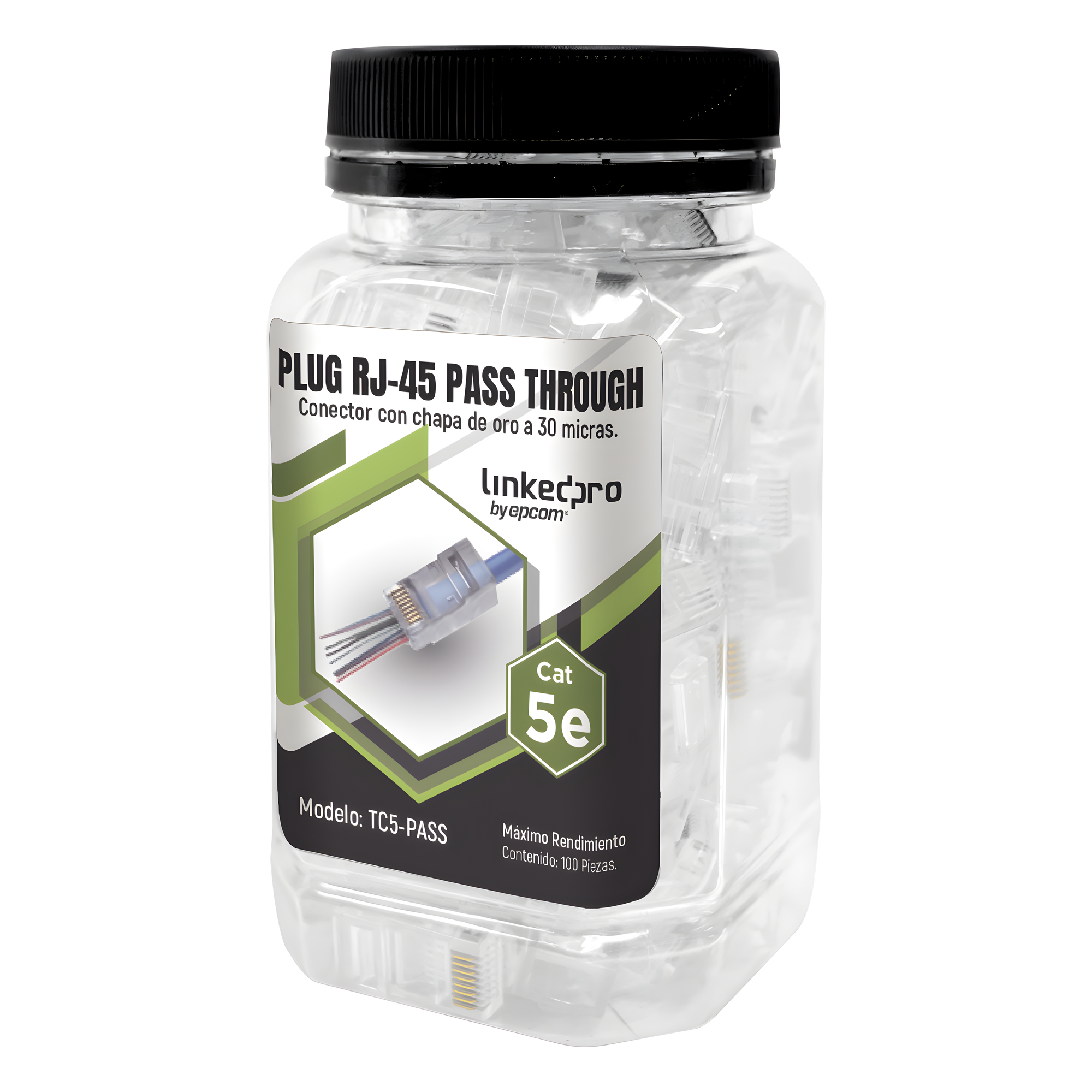 Bote con 100 Plugs Pass Through RJ45 Cat5e sin Blindaje, Chapado de Oro a 30 Micras para Durabilidad Extrema — LINKEDPRO BY EPCOM · SKU TC5-PASS