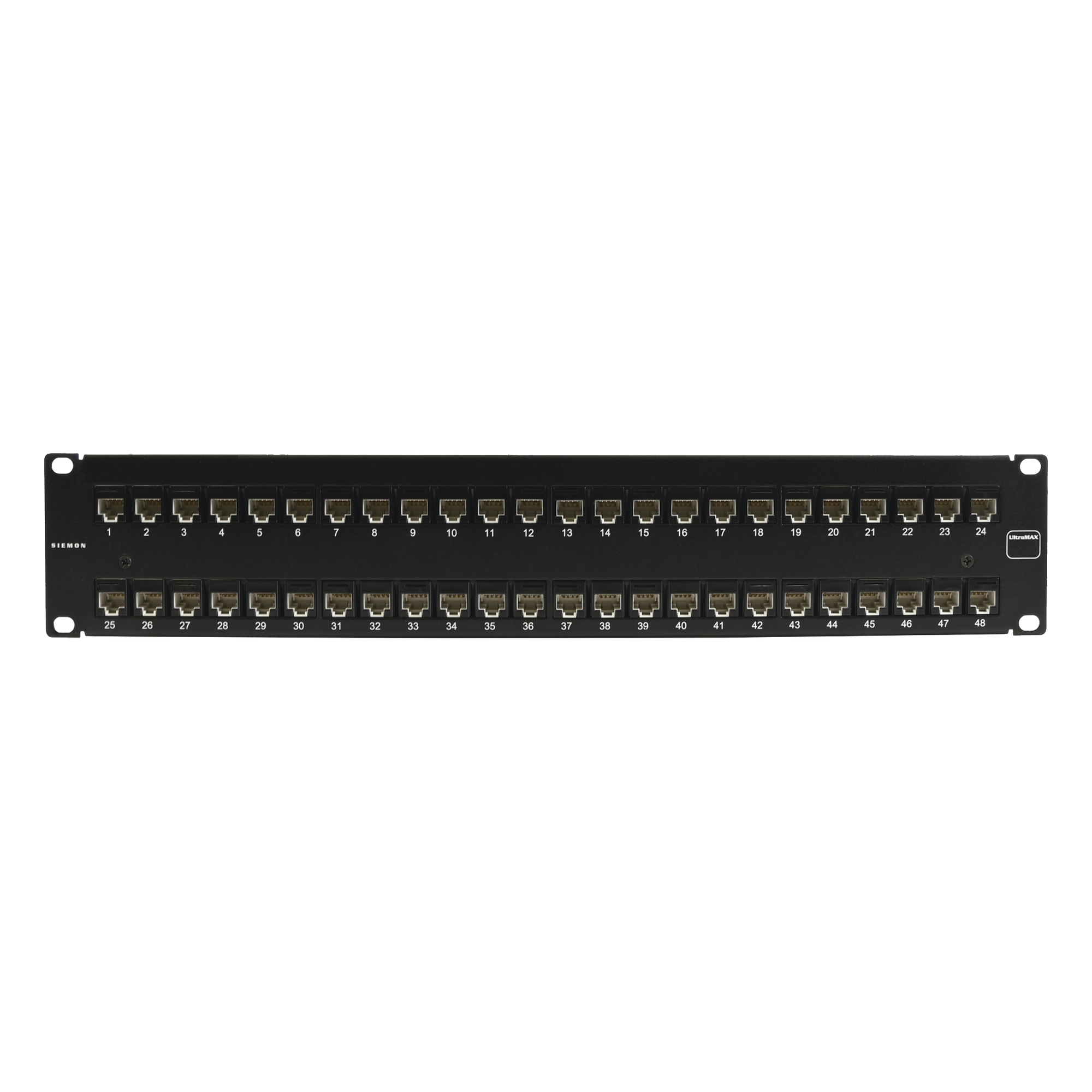 Patch Panel Ultramax. UTP, Precargado con Jacks Cat5e, 48 Puertos, Plano, 2U — SIEMON · SKU UP5-F2-48L-RS