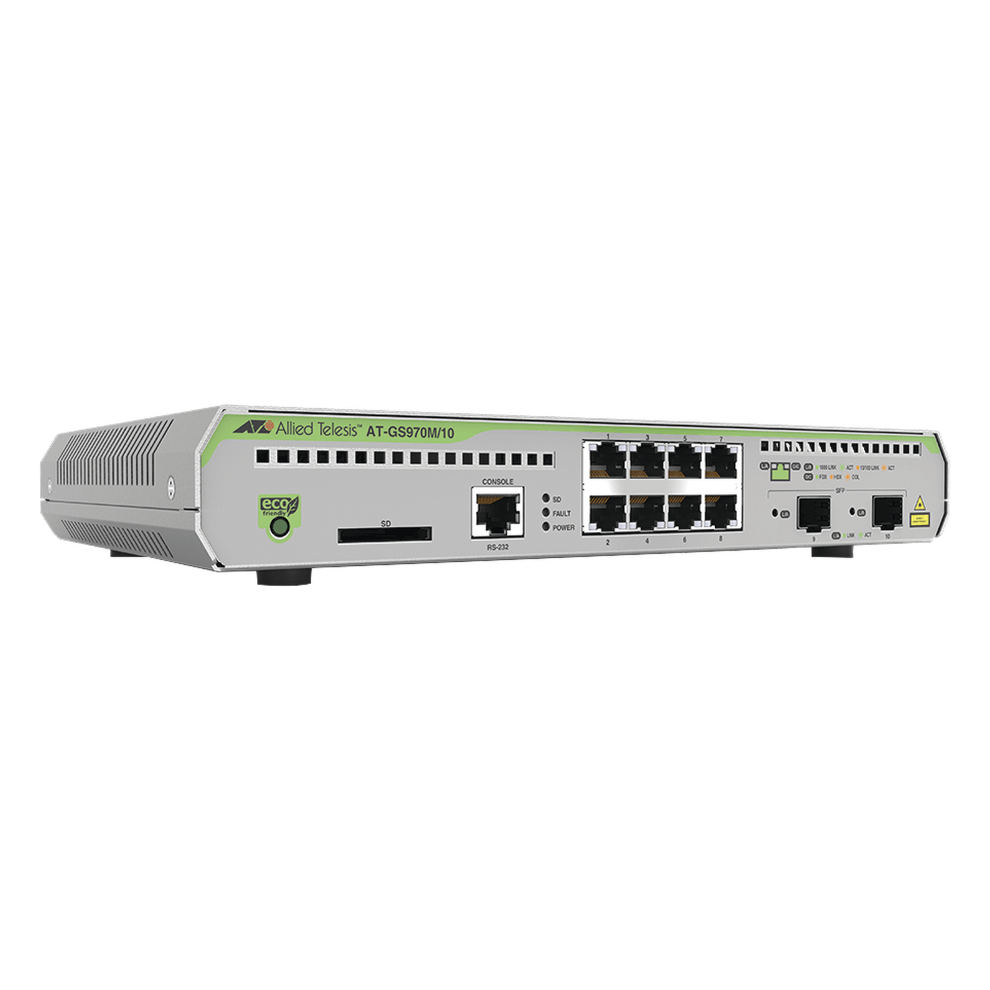 Switch Administrable CentreCOM GS970M, Capa 3 de 8 Puertos 10/100/1000 Mbps + 2 puertos SFP Gigabit — ALLIED TELESIS · SKU AT-GS970M/10-10
