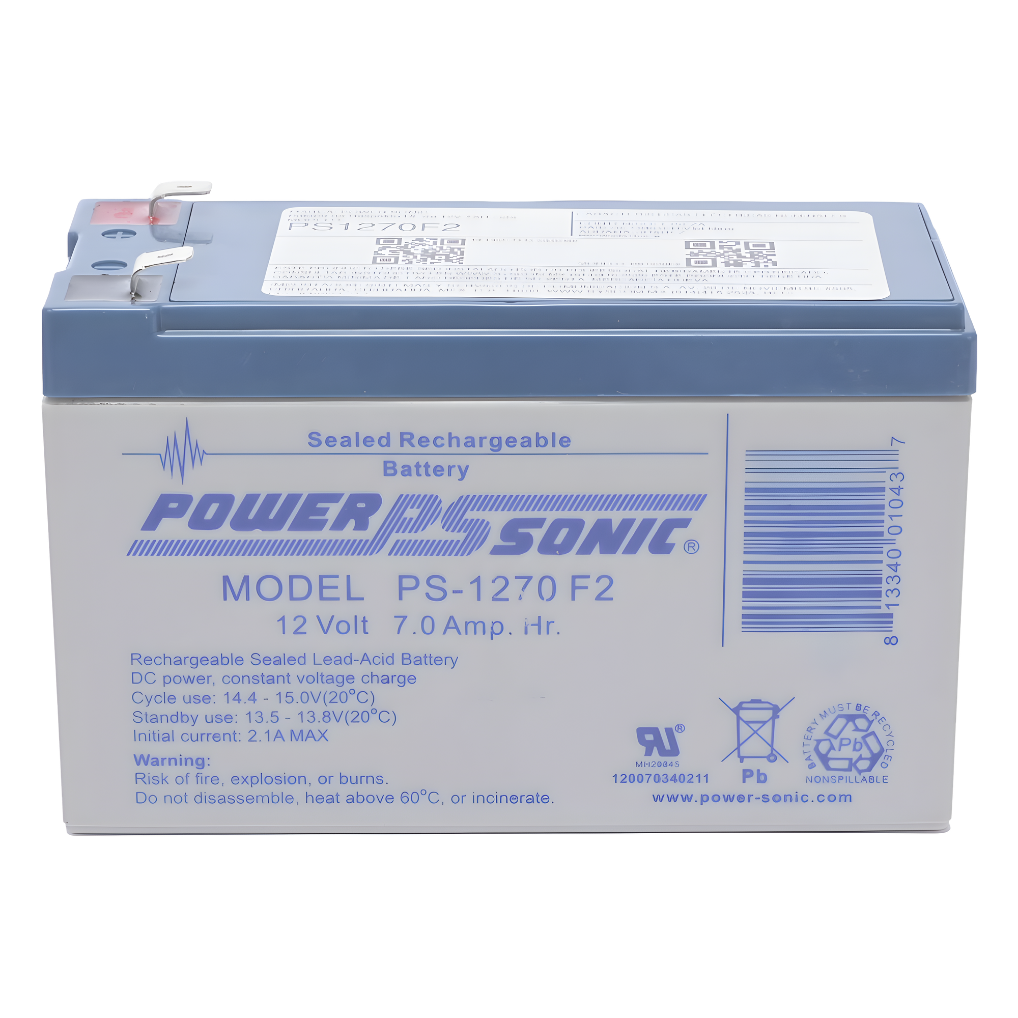 Batería 12V, 7AH, Para Respaldo, Tecnologías AGM/VRLA, 5 Años Vida Útil, Terminales F2, Reconocida UL — POWER SONIC · SKU PS-1270-F2