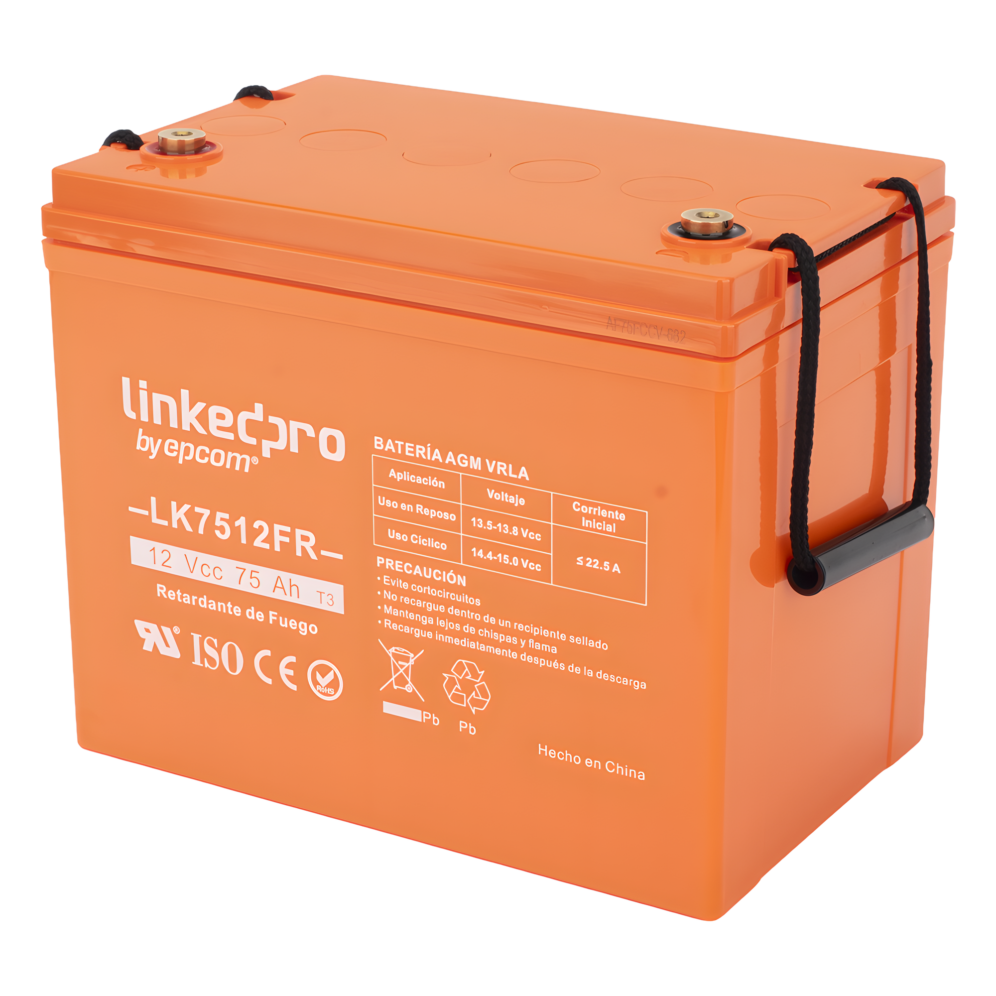 Batería de respaldo 12 V | 75 Ah | AGM | Certificada UL94-V0 Retardante a la Flama | Especial para Seguridad Electrónica | UPS | Sistemas de Emergencia | Vida útil 5 años | Terminales T3 — LINKEDPRO BY EPCOM · SKU LK7512FR