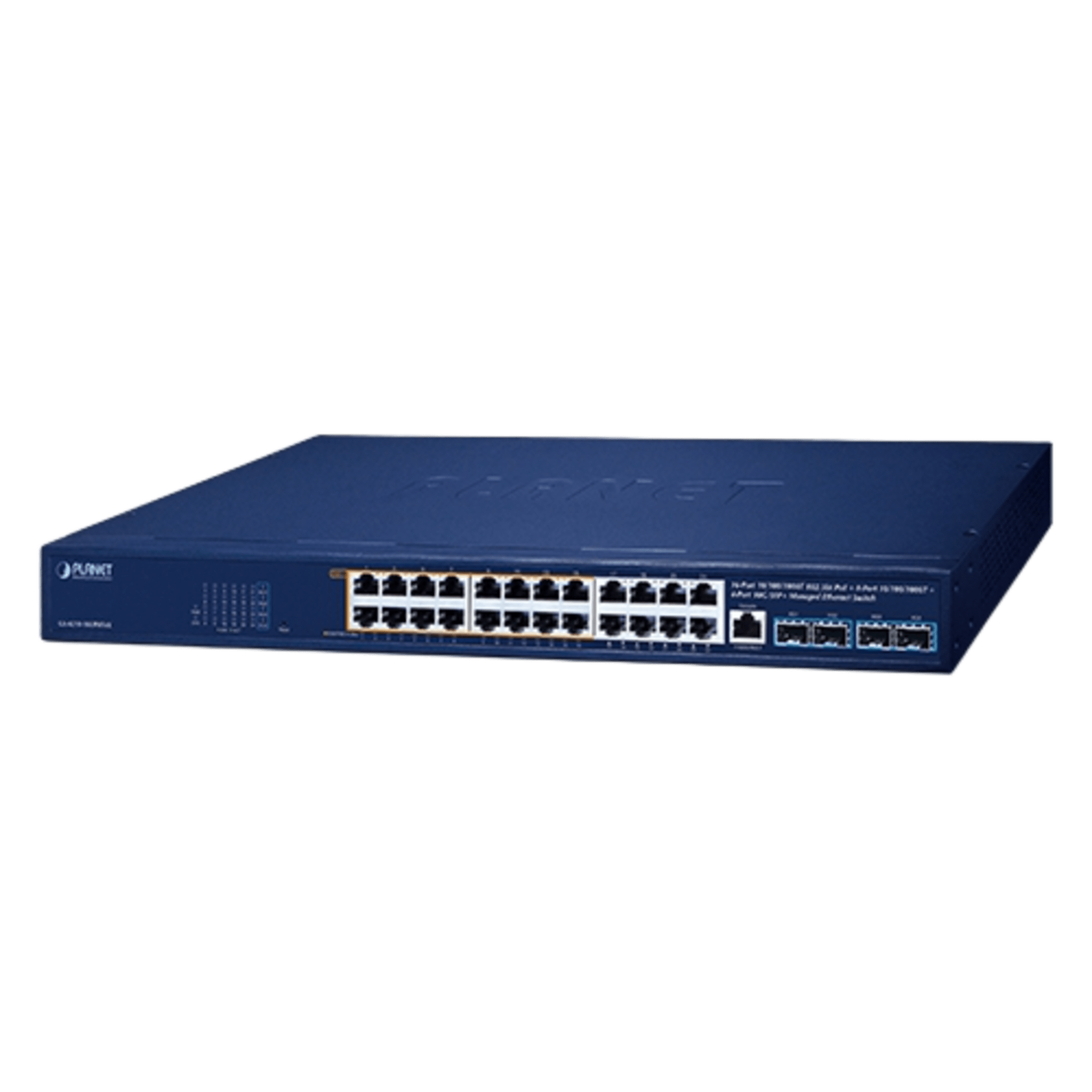 Switch Gestionado PoE++ 802.3bt / 16 Puertos Gigabit PoE++ 95W + 8 Puertos Gigabit + 4 Puertos 10G SFP+ / Presupuesto PoE 420W / IPv6/IPv4 / L2/L4 / ERPS / CloudNMS / Rack 440 mm (17.3 in) — PLANET · SKU GS-4210-16UP8T4X