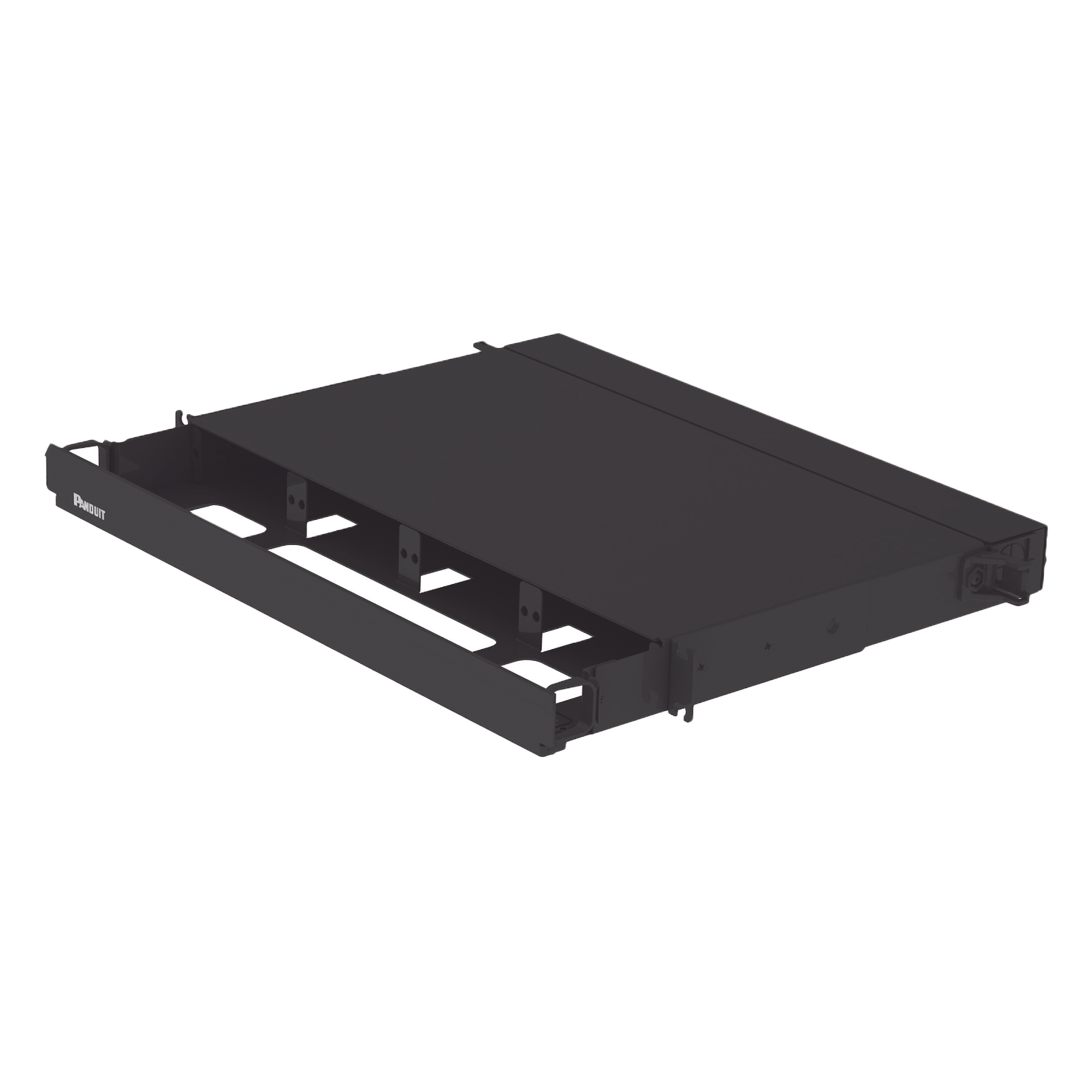 Panel de Distribución de Fibra Óptica, Acepta 4 Placas FAP o FMP, Bandeja Deslizable, Hasta 96 Fibras, Color Negro, 1UR — PANDUIT · SKU FRE1UBL