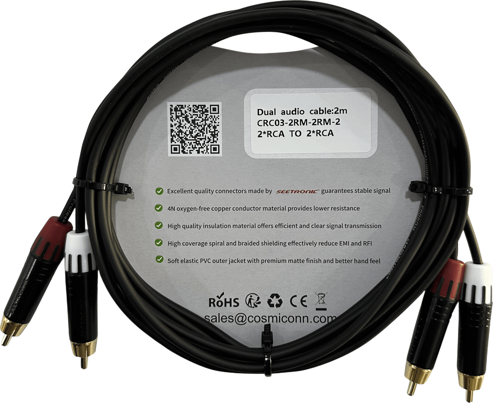 Cable 2 RCA x 2 RCA, conectores negros, con diferenciador de blanco y rojo (2x MT380-RD - 2x MT380-WH), length 2m