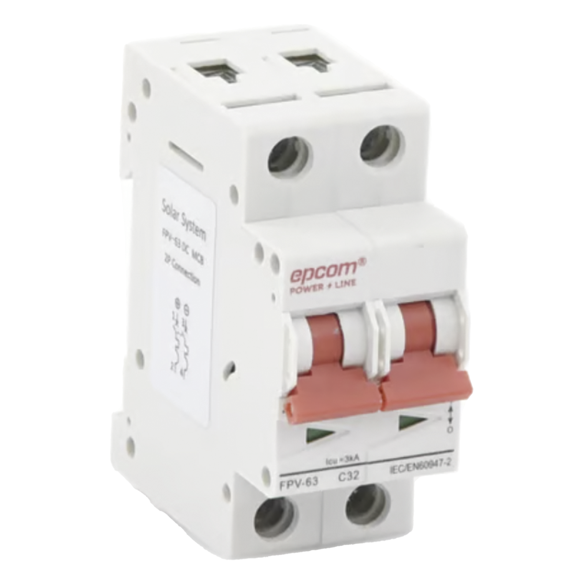 Protección Térmica/ Interruptor 2P, 32A,  Corriente Directa  800 Vcc para Aplicación Fotovoltaica Montaje Riel DIN — EPCOM POWERLINE · SKU FPV632PC32
