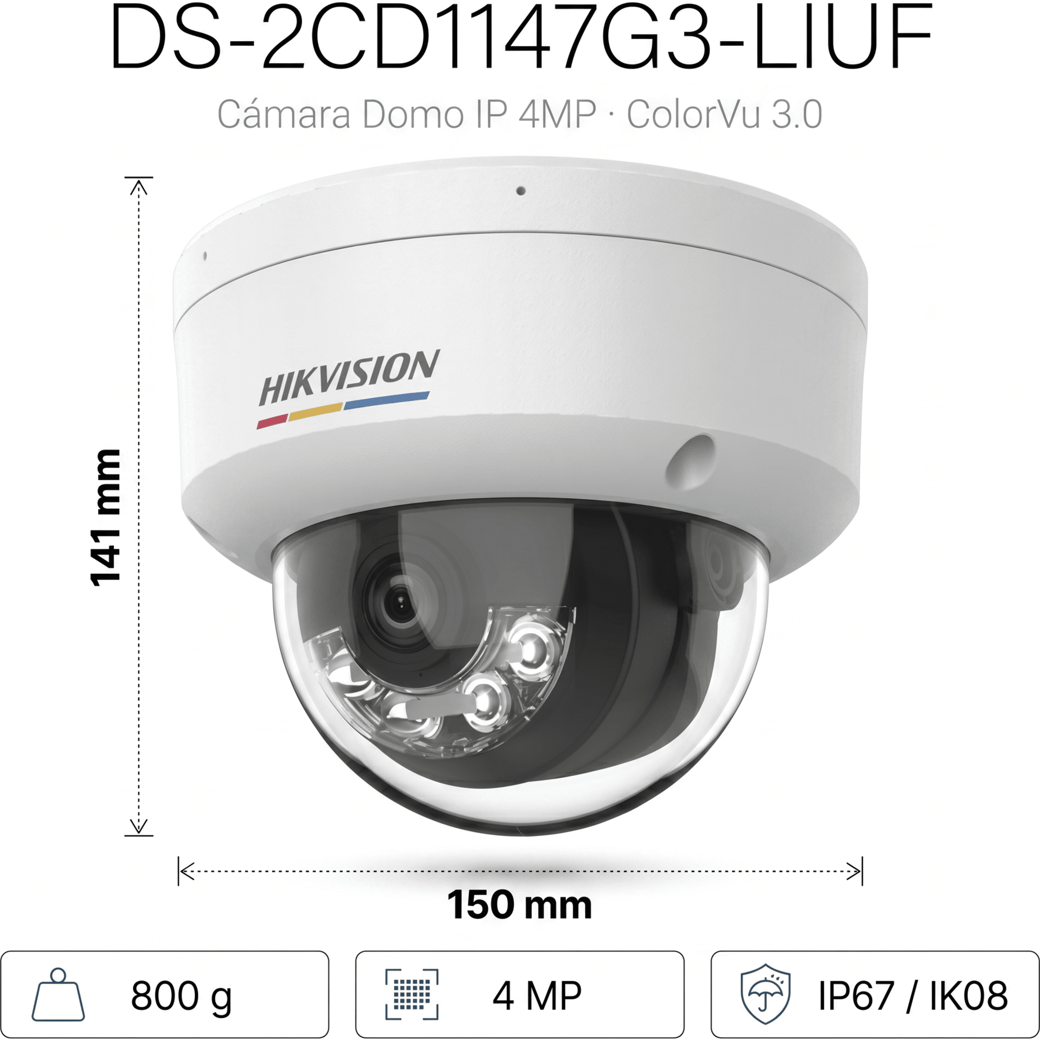 [ColorVu 3.0 + MD 3.0] Domo IP 4 Megapixel / Lente 2.8 mm / 30 mts IR + 30 mts Luz Blanca / Micrófono Integrado / Motion Detection 3.0 / Exterior IP67 / IK08 / WDR 120 dB / PoE / Micro SD 