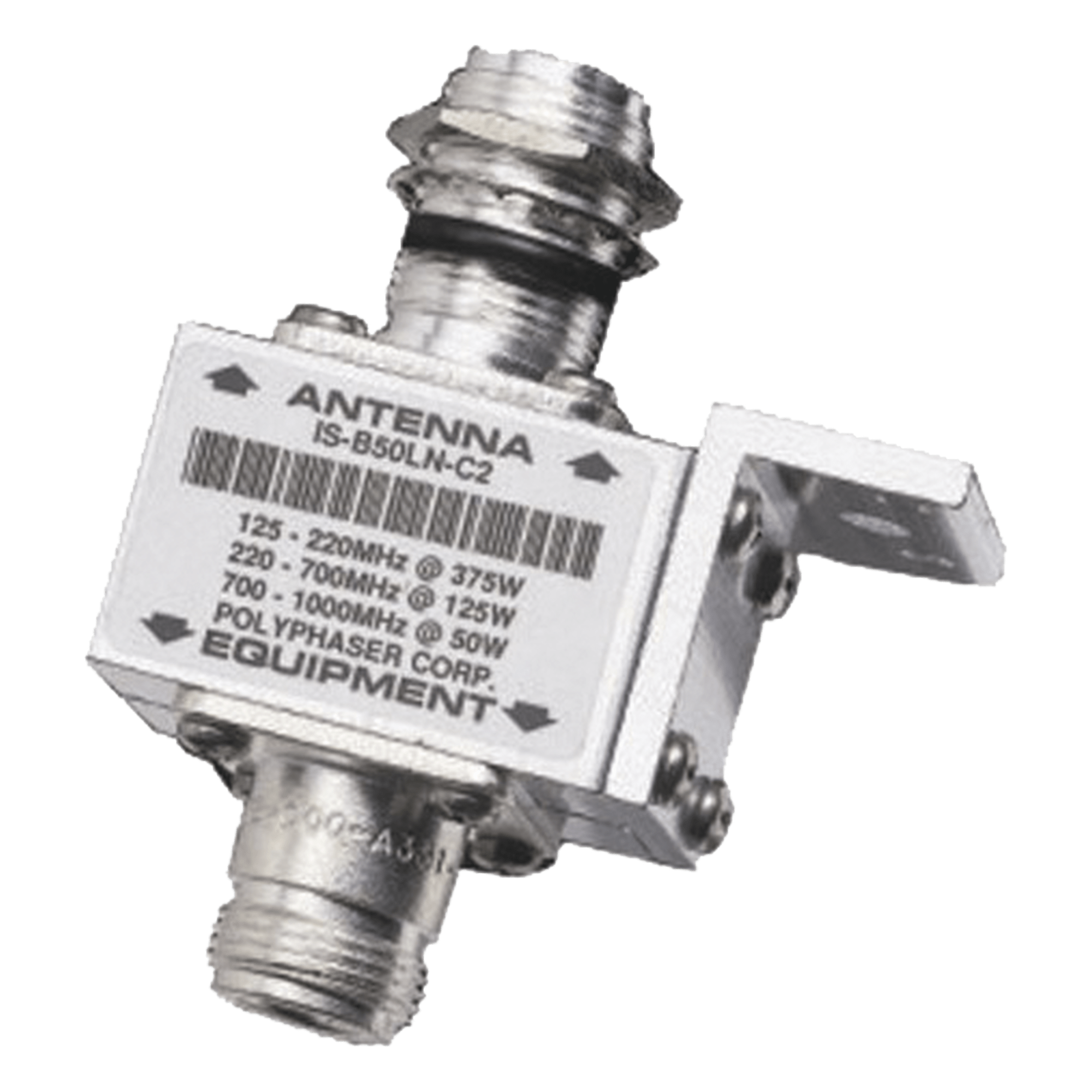 Protector Coaxial RF / 125-1000 MHz / 50 Ω / Conectores N Hembra / Bloqueo DC / 40 kA — POLYPHASER · SKU IS-B50LN-C2