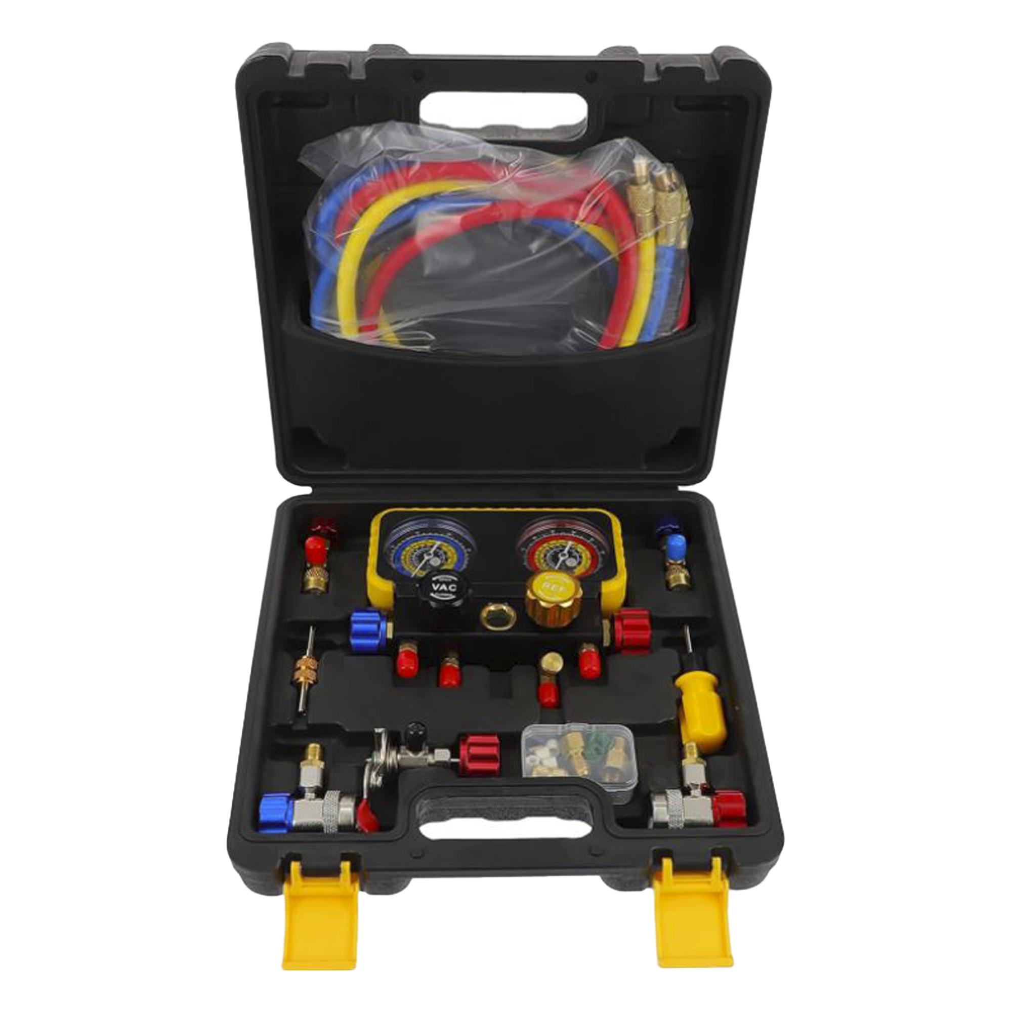 Manómetro de 4 vías con Accesorios para Gas refrigerante R410A/ R32/ R134A/R22 — PRECISION · SKU PSTH08002