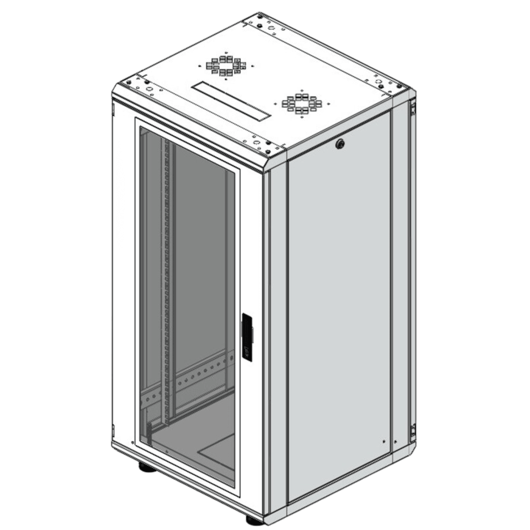 Gabinete Rack 24 Unidades / 19 Pulgadas / Puerta de Cristal / Piso / Acero Calibres 16-18-20 / 750 Kg Carga / 600x605x1190 mm (23.6x23.8x46.9 in) / Vidrio con Cerradura, Niveladores Incluidos