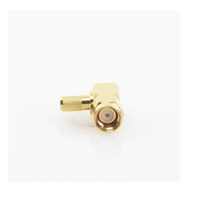 Conector SMA Macho Inverso en Ángulo Recto de Anillo Plegable para Cables RG-58/U, RG-142/U, Oro/ Oro/ Teflón.