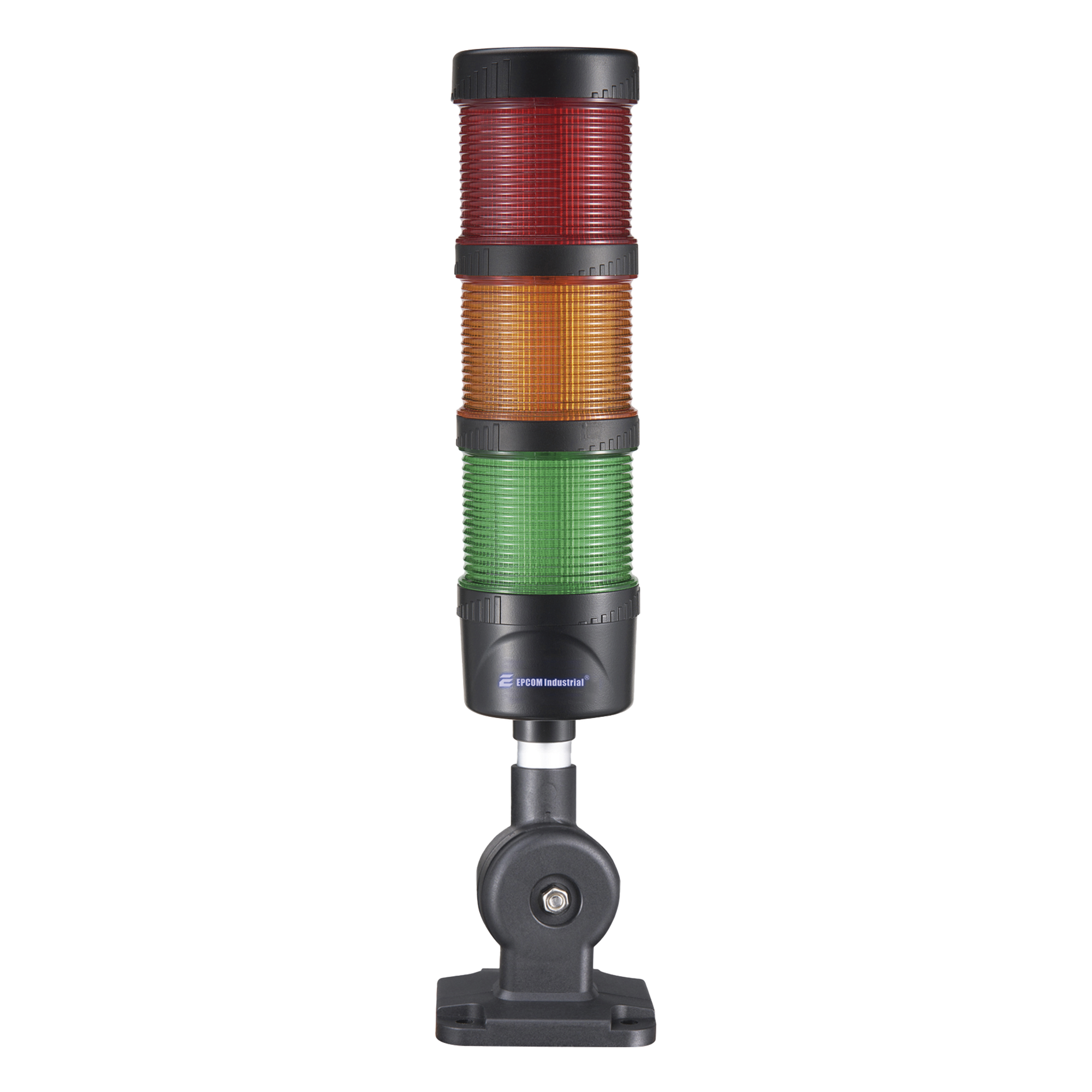 Torre LED Indicadora de estado de 3 niveles color Rojo, Ámbar y Verde, con Buzzer integrado a 85 dB,  a 24 VCD con Montaje incluido de 60 mm de diámetro — EPCOM INDUSTRIAL SIGNALING · SKU EI-3-RAG-24