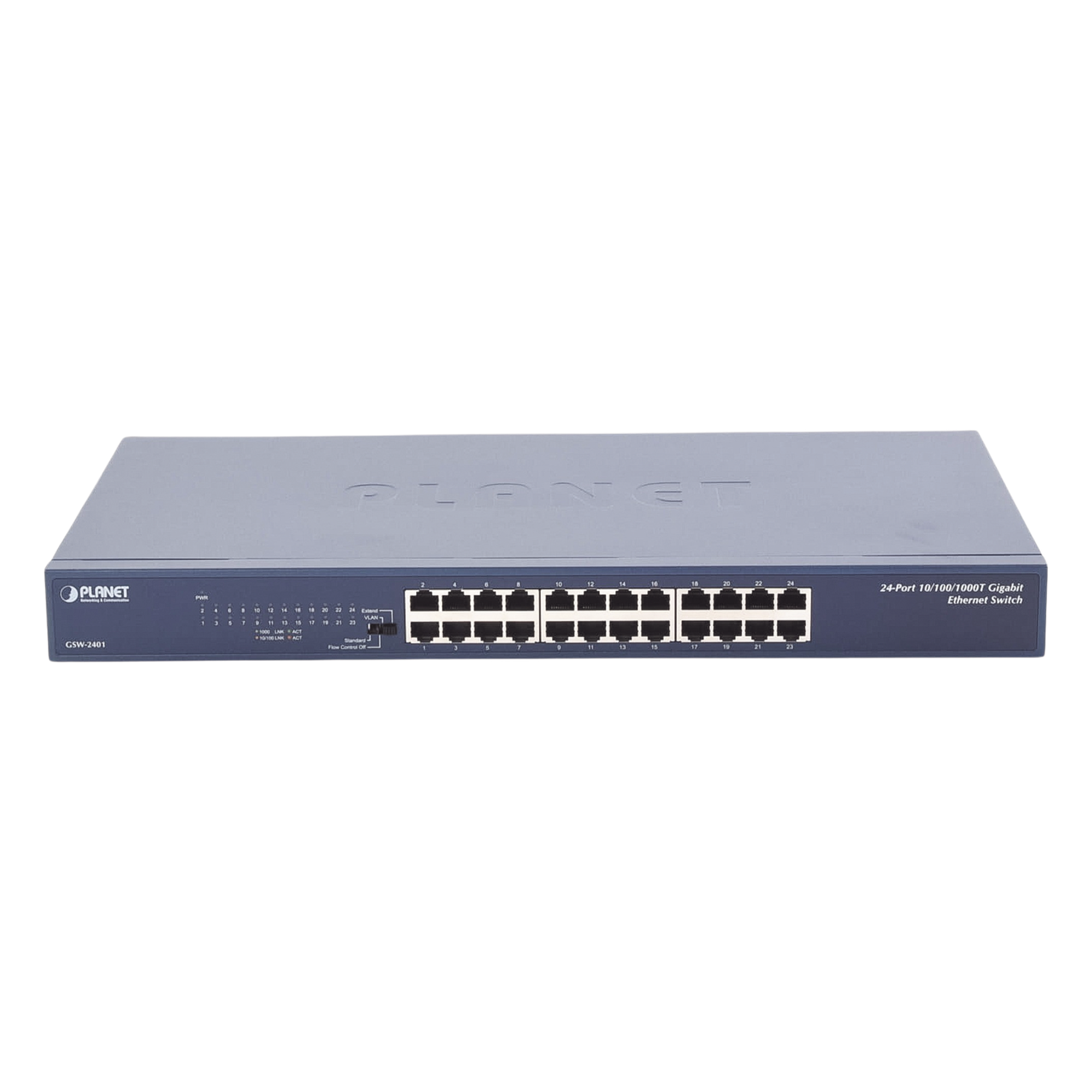 Switch No Administrable Gigabit de 24 Puertos 10/100/1000 Mbps, Con Modo Extendido Para Envió de Datos de Hasta 200 m — PLANET · SKU GSW-2401