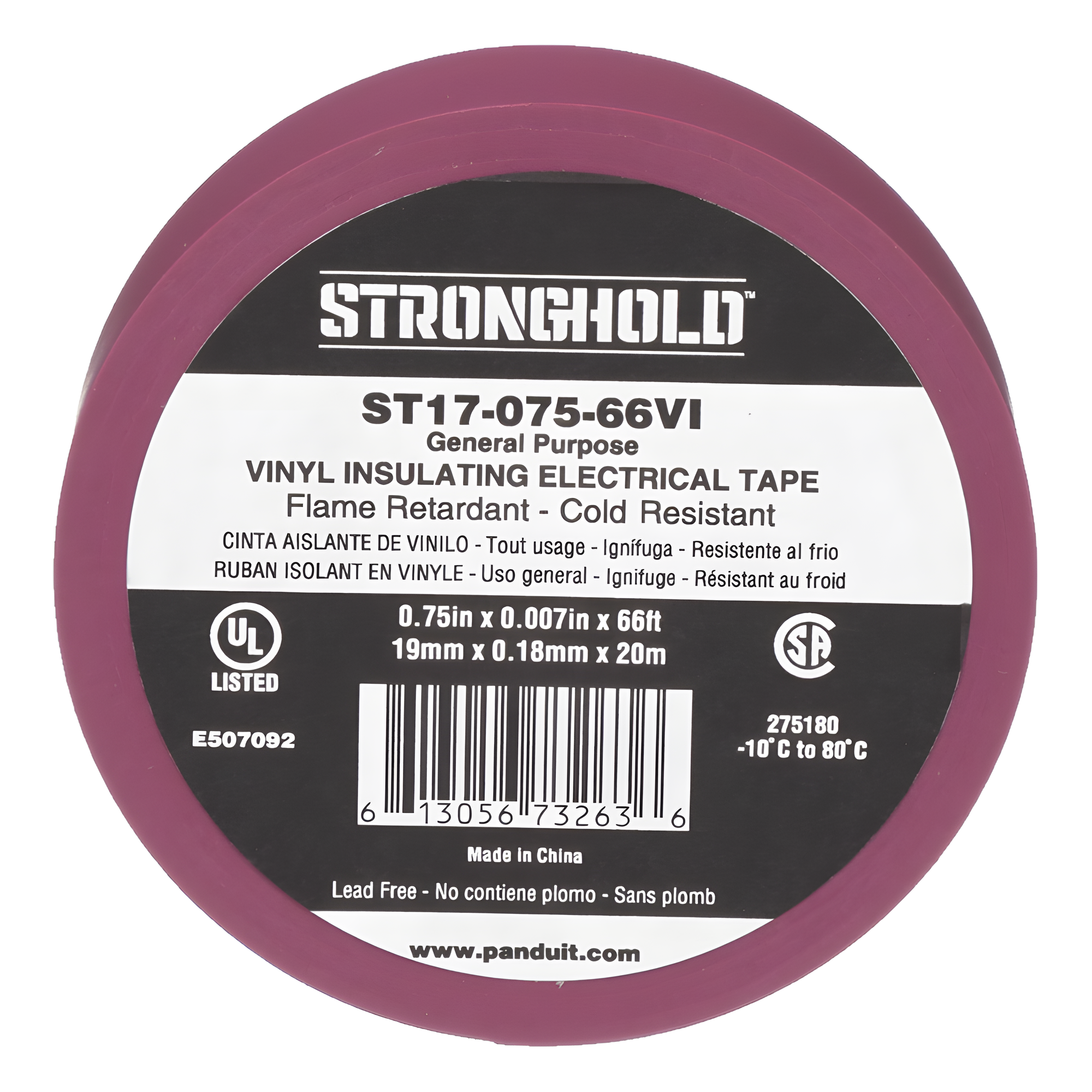 Cinta Eléctrica STRONGHOLD para Aislar, de PVC, Uso General Reparación y Mantenimiento, Grosor de 0.18mm (7 mil), Ancho de 19mm, y 20.12m de Largo, Color Violeta — PANDUIT · SKU ST17-075-66VI