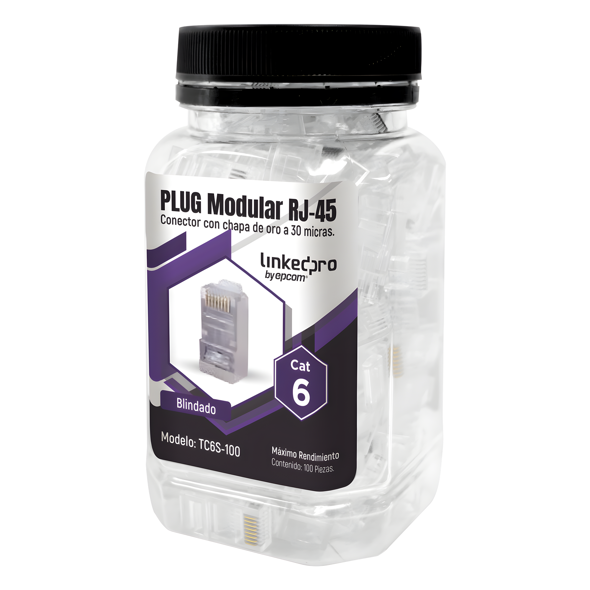 Bote con 100 Piezas de Plug Modular RJ45 Cat6 Blindado, Chapado de Oro a 30 Micras para Durabilidad Extrema SIN PIN de Tierra — LINKEDPRO BY EPCOM · SKU TC6S-100