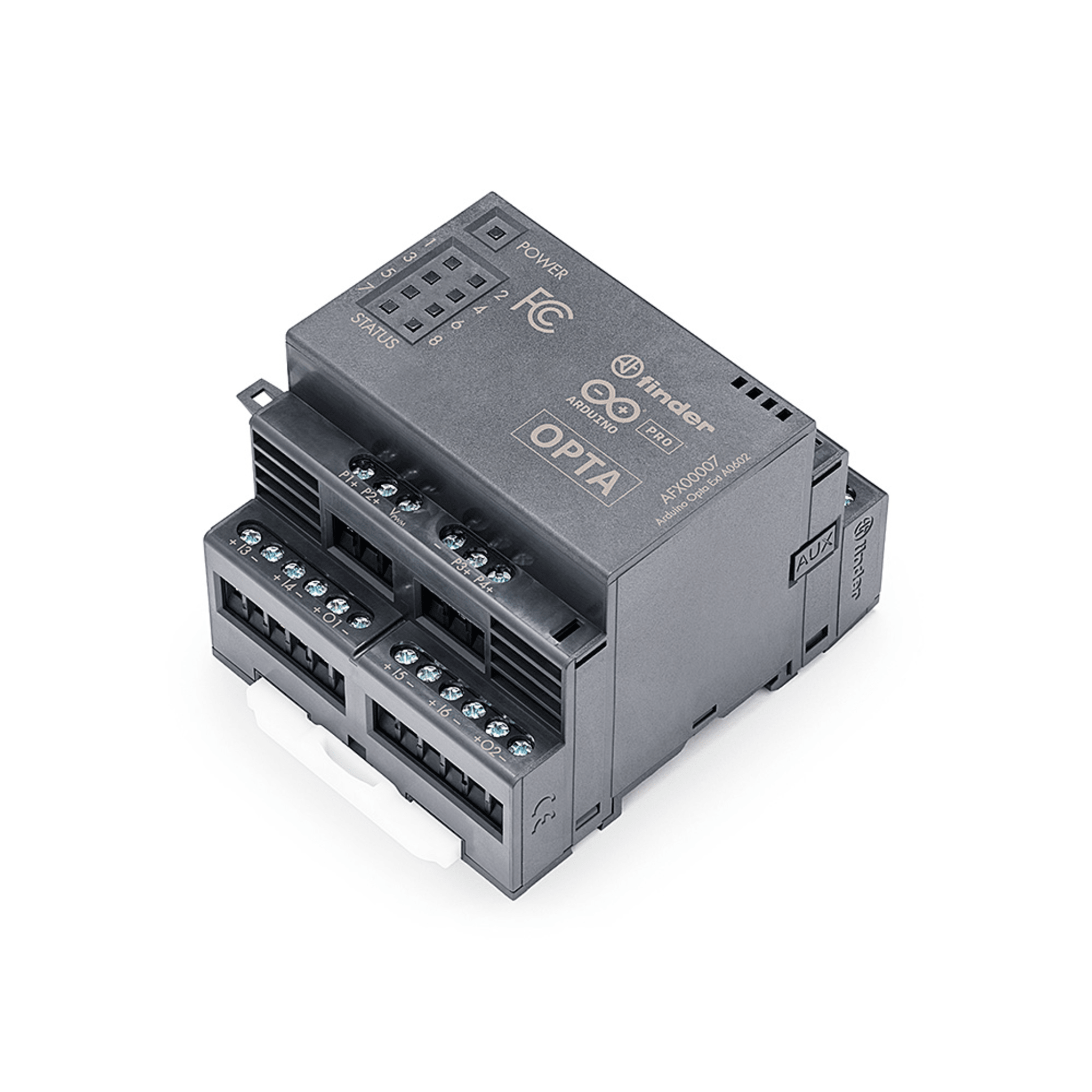 Expansión Analógica Arduino Opta® / 8 Canales I/O Configurables / 16-bit ADC / 13-bit DAC / 4 Salidas PWM / Protección IP20 / Industrial IoT — ARDUINO LLC · SKU AFX-00007