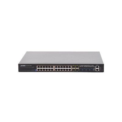 Switch Administrable Stacking Capa 3, 24 Puertos PoE 802.3af/at 10/100/1000T, Hasta 370 W, 4 Puertos 10G SFP+