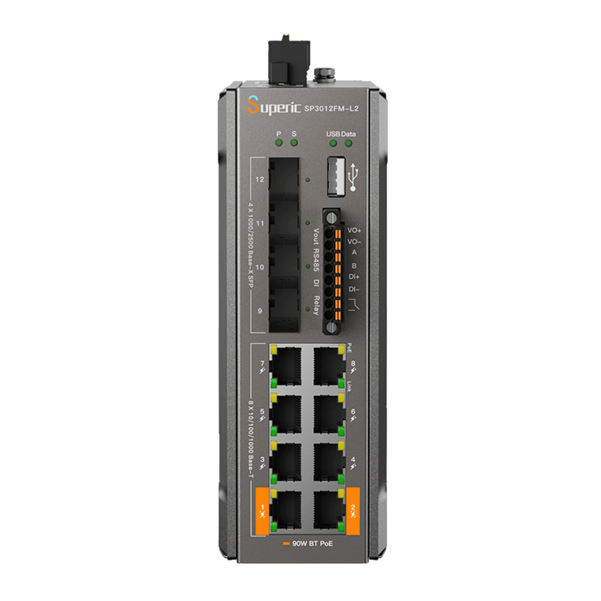 Switch de Red SP3012FM-L2(V3) / 8 Puertos 10/100/1000Mbps PoE / 4 Puertos SFP 1000M/2.5Gbps / Capacidad de Conmutación 36Gbps / Alimentación Dual DC / Instalación DIN-rail, Pared o Escritorio / Certificaciones CE, FCC, RoHS, UKCA, RCM