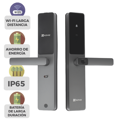 Cerradura Inteligente / Wi-Fi / Bluetooth / Códigos Temporales Para Visitantes / Lectura de Huella / Lectura de Tag / Contraseña / Botón para Timbrar / Apertura Remota / Alarma Anti-intrusión / No Requiere HUB — EZVIZ · SKU CS-DL05-R200