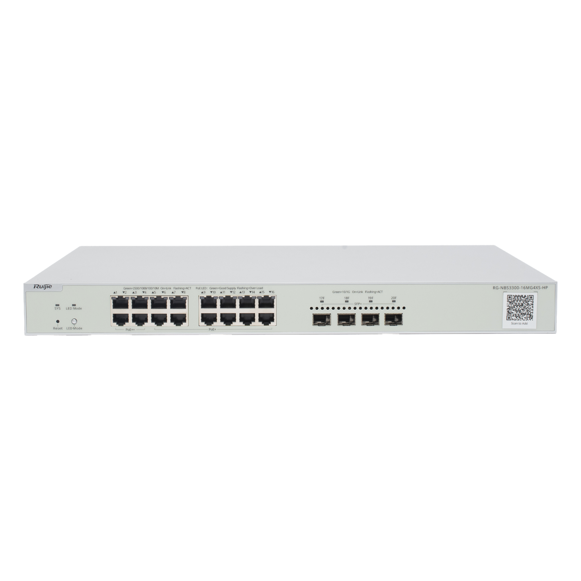 Switch Multi-Gigabit PoE++ hasta 370W, Capa 2 con 4 Puertos 2.5G (90W), 12 Puertos 2.5G (30W) y 4 Uplink SFP+ 10G , Administrable Cloud, Diseñado Para Access Points WiFi 6/7 — RUIJIE · SKU RG-NBS3300-16MG4XS-HP