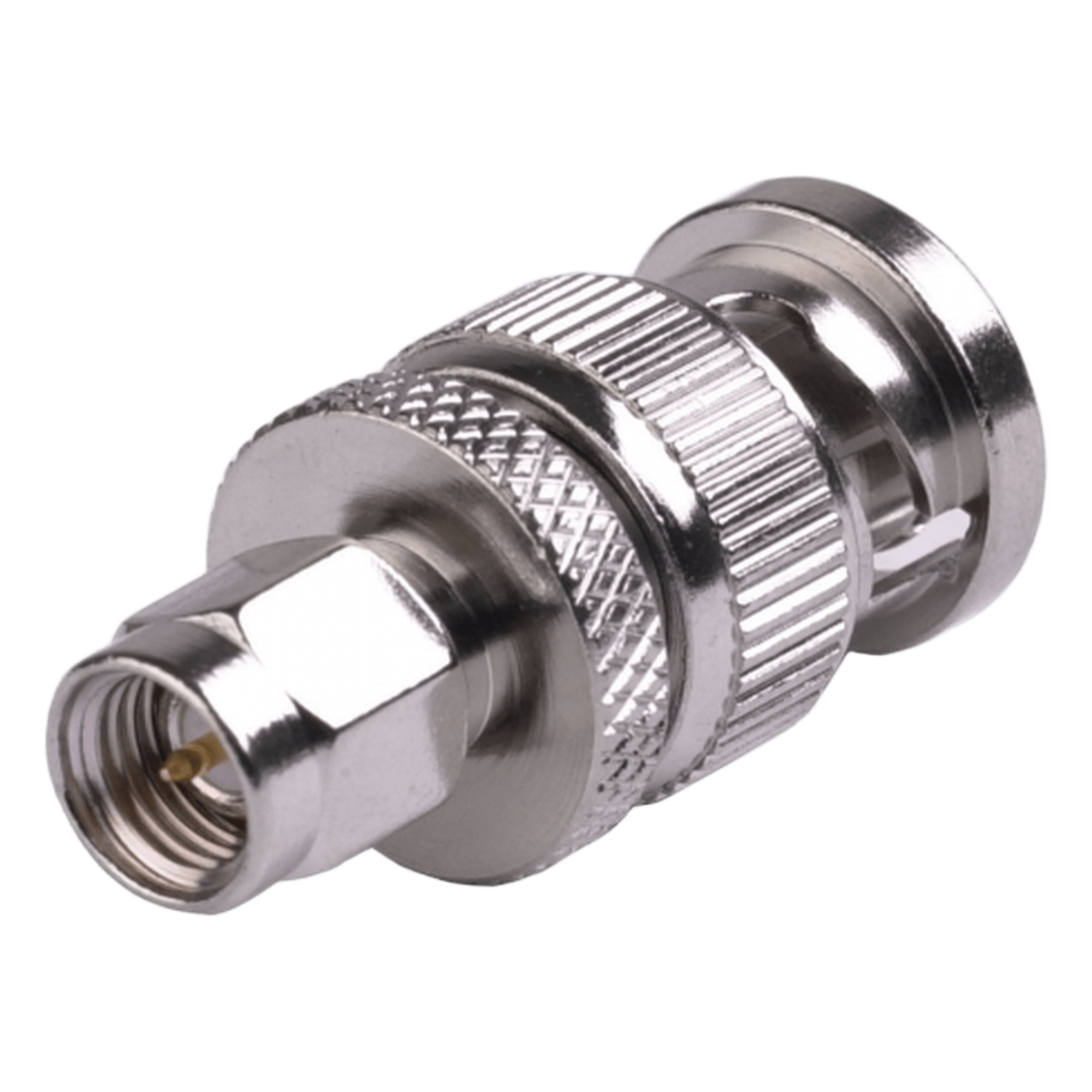 Adaptador Coaxial en Línea / SMA Macho a BNC Macho / Cuerpo Bronce Niquelado / Contacto Oro / Aislante Teflón — RF INDUSTRIES,LTD · SKU RSA-3459