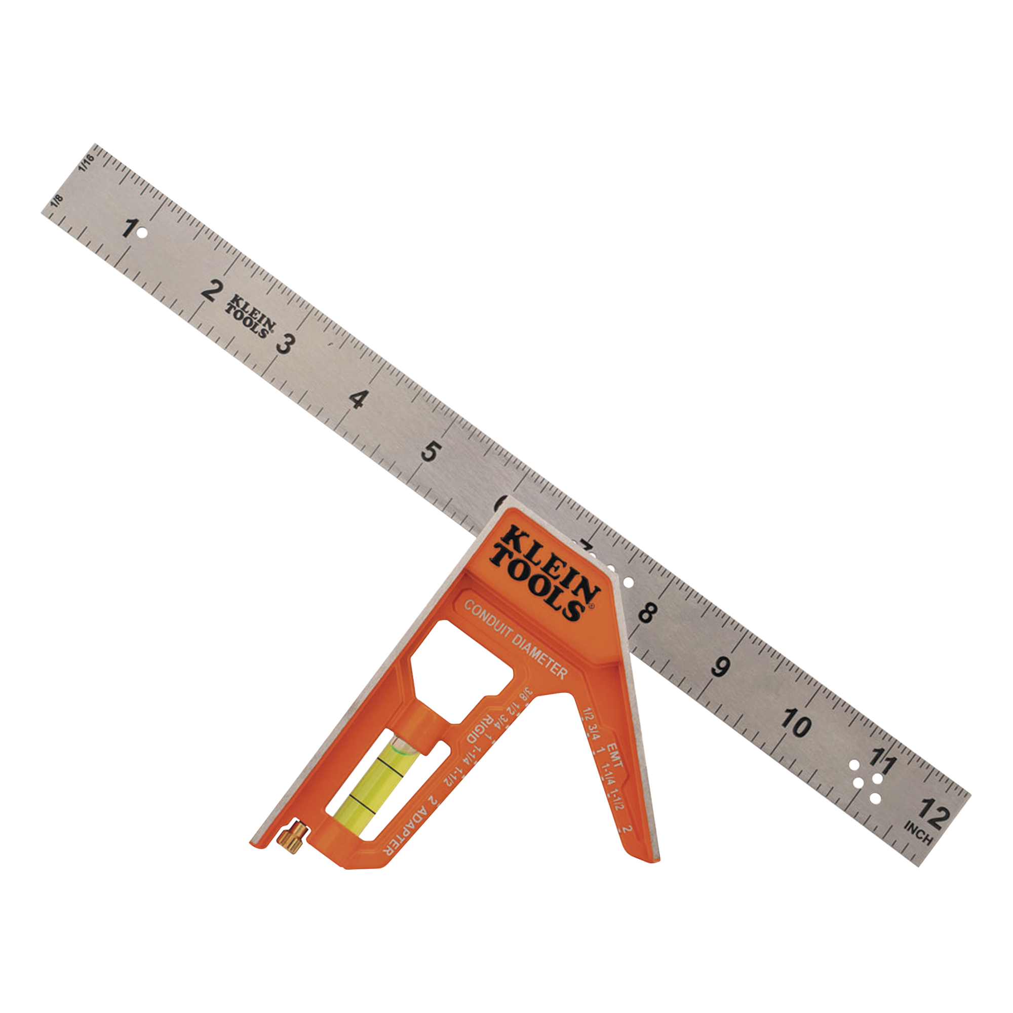 Escuadra Especial de 12 Pulgadas, con Bordes de 45° y 90° y Regla Magnética. Ranura en V para Diámetro de Tubo Conduit  — KLEIN TOOLS · SKU 935CSEL