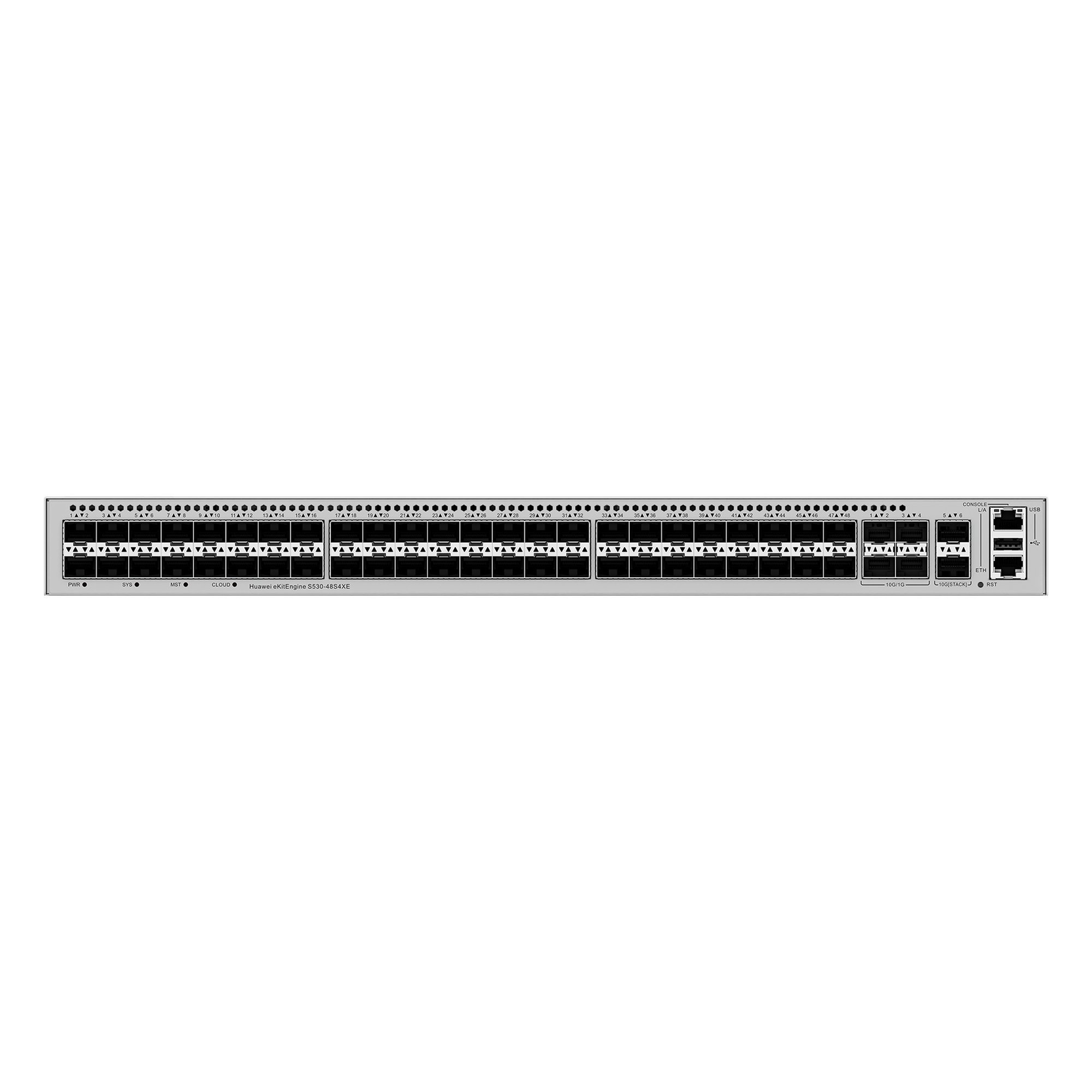 Switch Empresarial Core Gigabit Administrable  Capa 3 / 48 puertos 1GE SFP / 4 Puertos 10GE SFP+ Uplink / 2 Puertos 10GE SFP+ (Stack) / ERPS / Ruteo Dinamico (RIP, OSPF, IS-IS y BGP)  / iStack / Administración Nube Gratis — HUAWEI · SKU S530-48S4XE