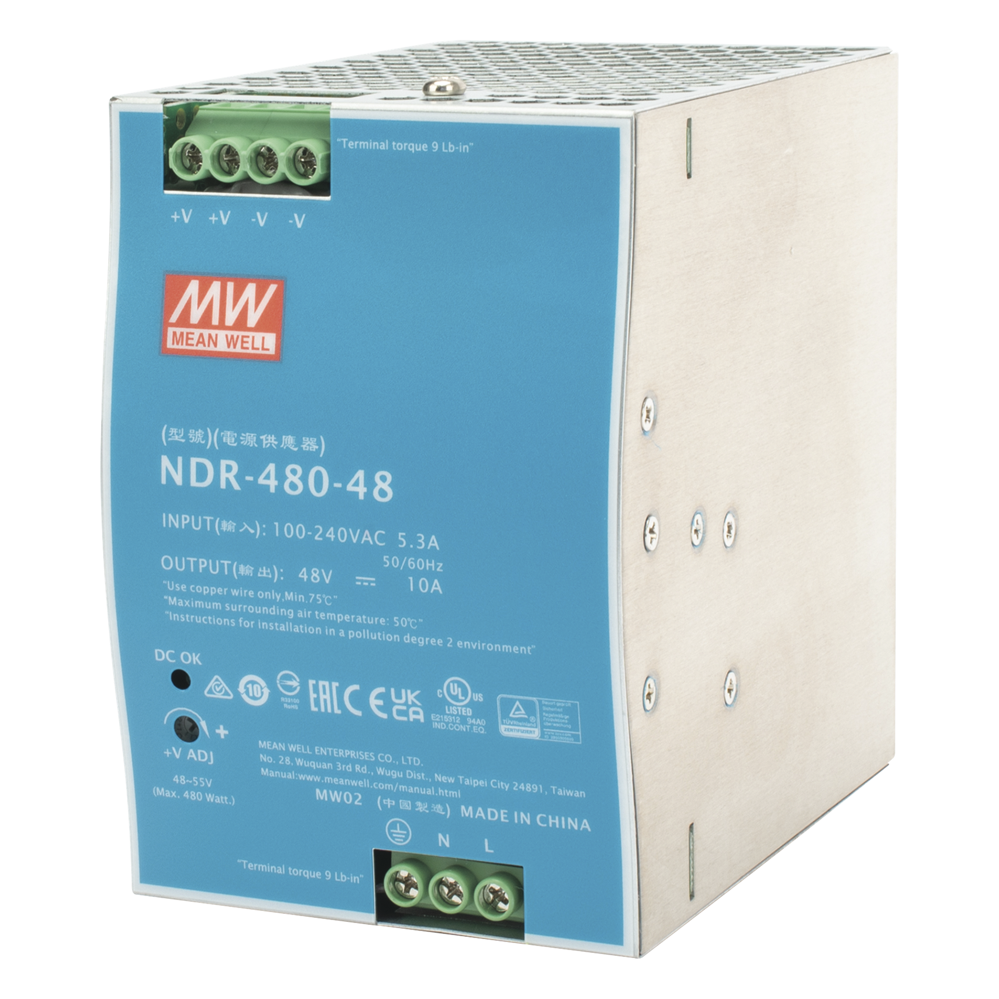 Fuente de Poder Industrial de 480W, salida 48 Vcc, para montaje en riel Din — MEANWELL · SKU NDR-480-48