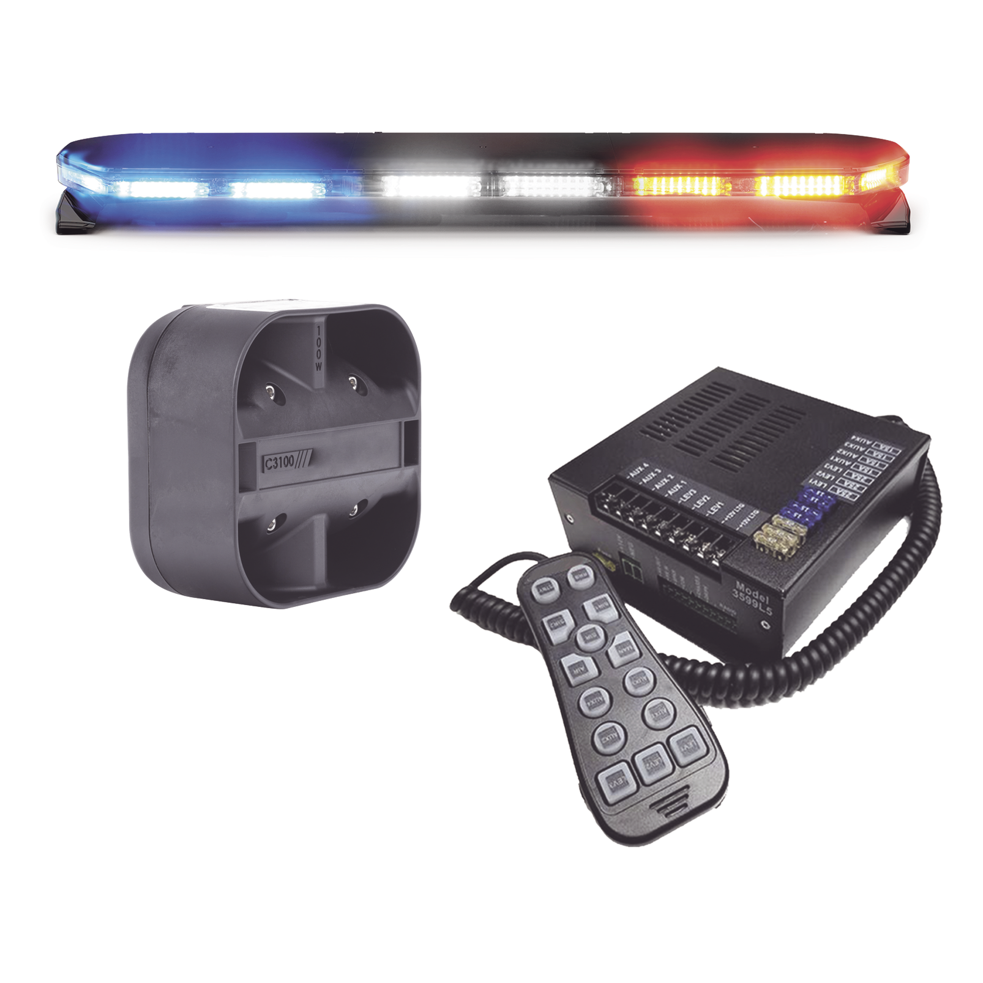 Kit de Sirena, Bocina y Torreta de 47", Serie 16 con 300 LEDs, Dual Color, Frente: Rojo/Blanco, Azul/Blanco, Trasero: Rojo/Ámbar, Azul/Ámbar
