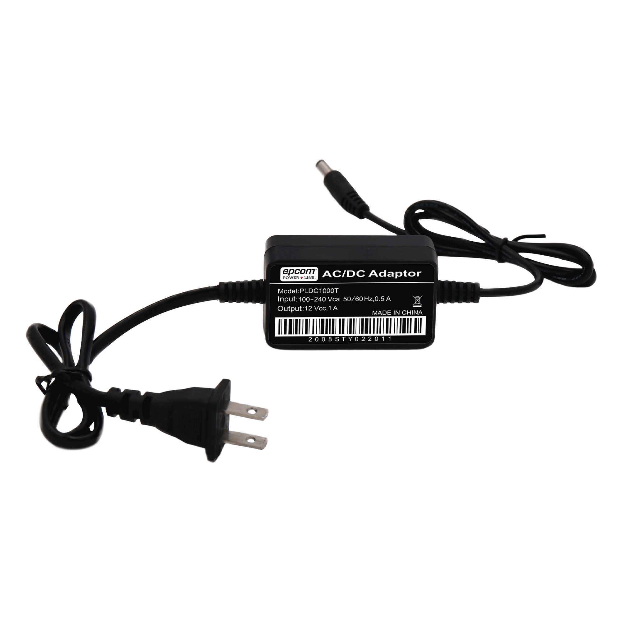 Adaptador de Pared de 12Vcc @ 1 A con cable y clavija Nema 1-15 / 0.5 metros a la toma de alimentación / 0.5 metros a la conexión del dispositivo — EPCOM POWERLINE · SKU PL-DC-1000T
