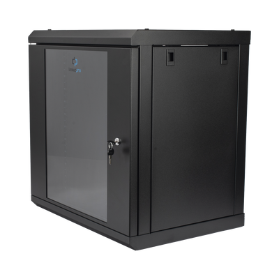 Gabinete de Pared de 12U con Puerta de Cristal Templado, 455 mm de Profundidad, Rack de 19'', Acero Reforzado Color Negro.