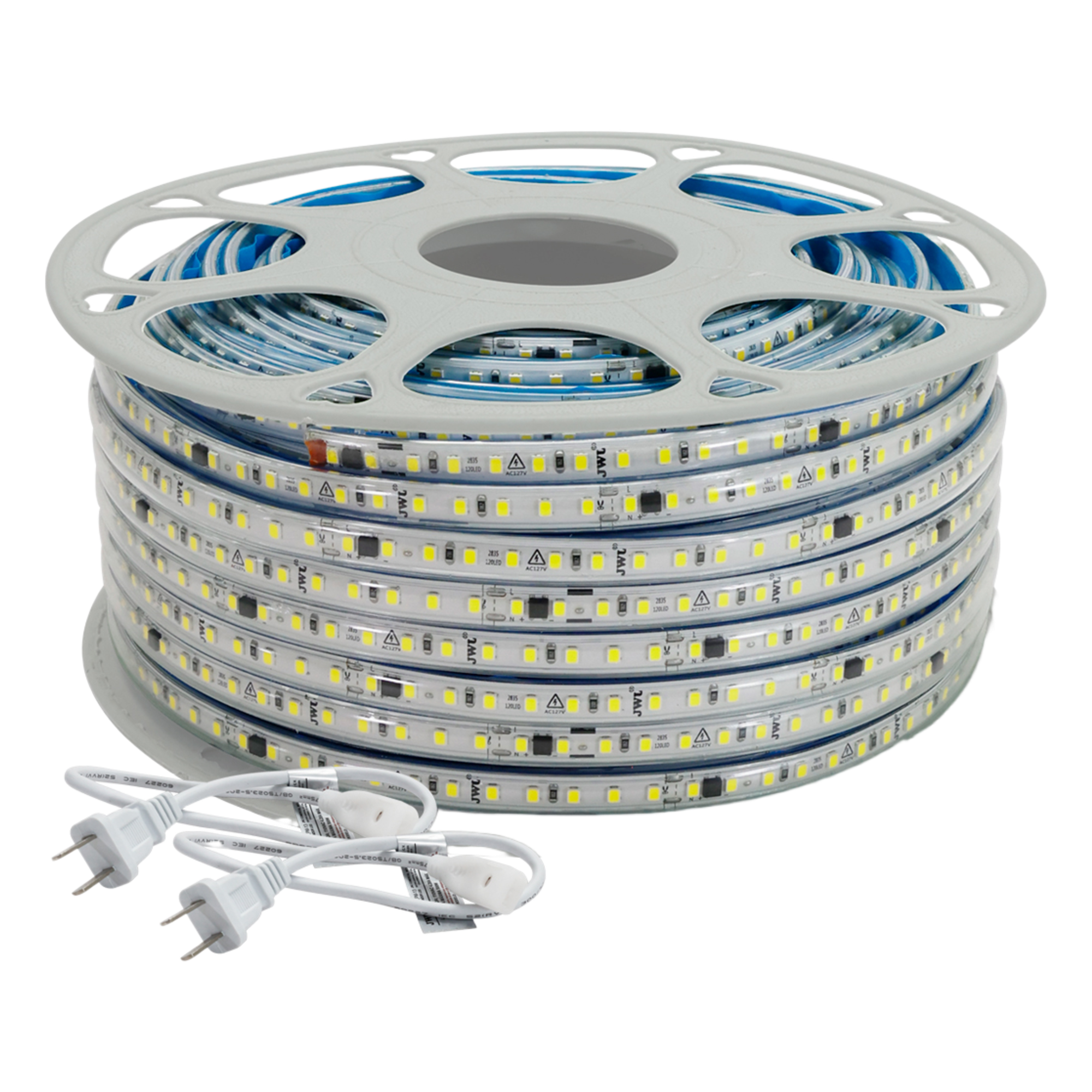 Manguera LED Luminosa Blanca de Resina Transparente y Flexible / Para uso Interior o Exterior / Carrete de 50 m/ 110V CA 4.2 A/ 500 W Potencia / T.C.C. 6500 K. — JWJ · SKU JLML-2835-07B