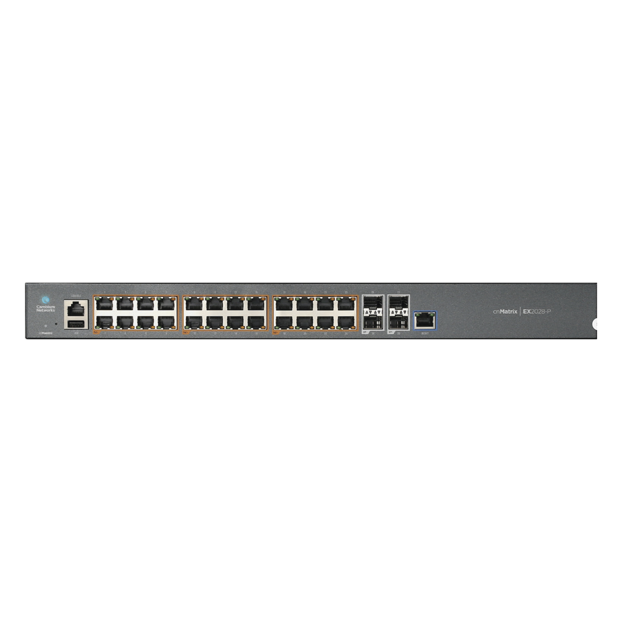Switch cnMatrix EX2028-P capa 3 de 28 puertos (24 PoE Gigabit 802.3af/at, 4 SFP+) administración desde la Nube (MX-EX2028PxA-U) — CAMBIUM NETWORKS · SKU MX-EX2028PXA-U