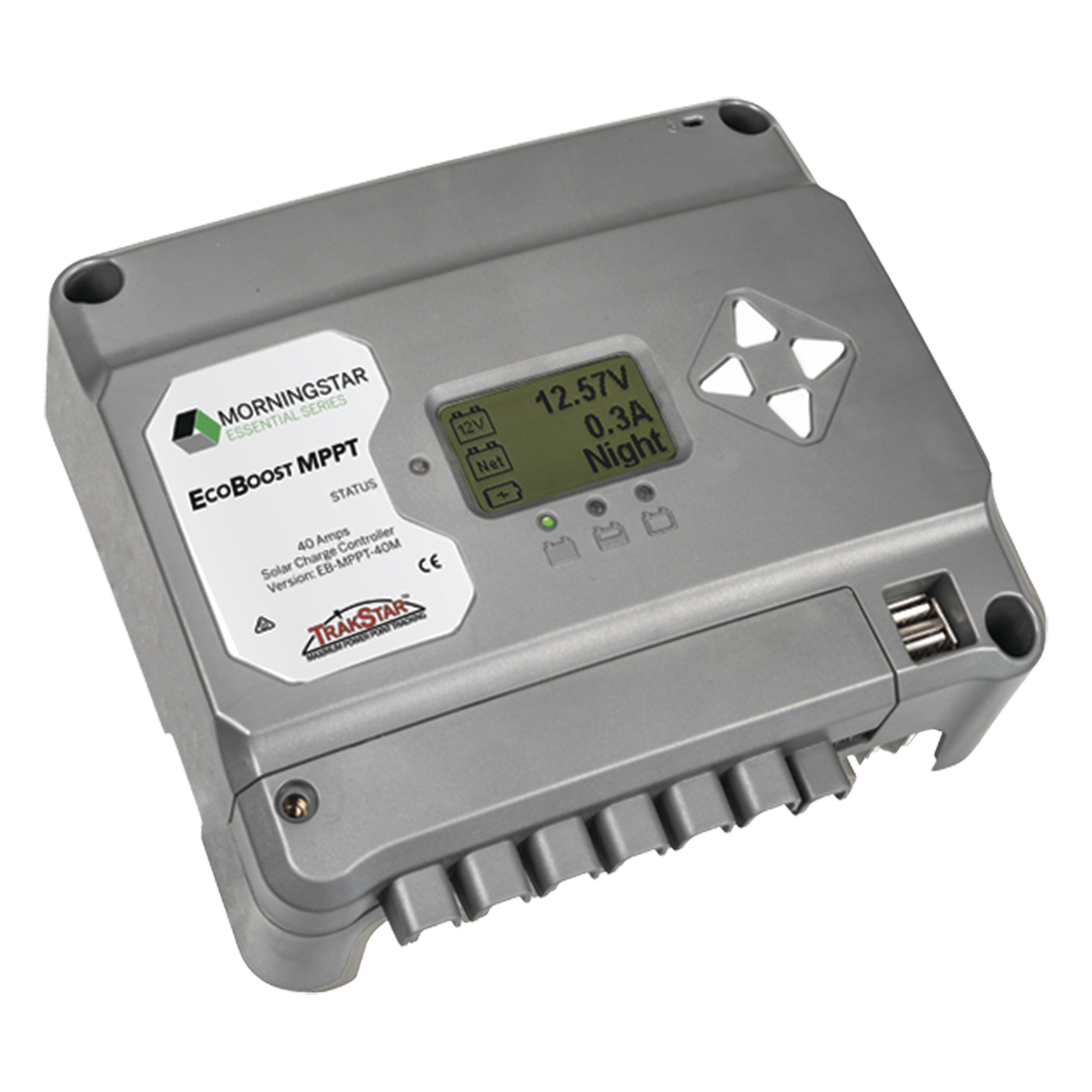 Controlador de Carga Solar MPPT EcoBoost 40 A / Pantalla LCD / 12V y 24V / 2 Puertos USB 3A / Control de Iluminación — MORNINGSTAR · SKU EBMPPT40M