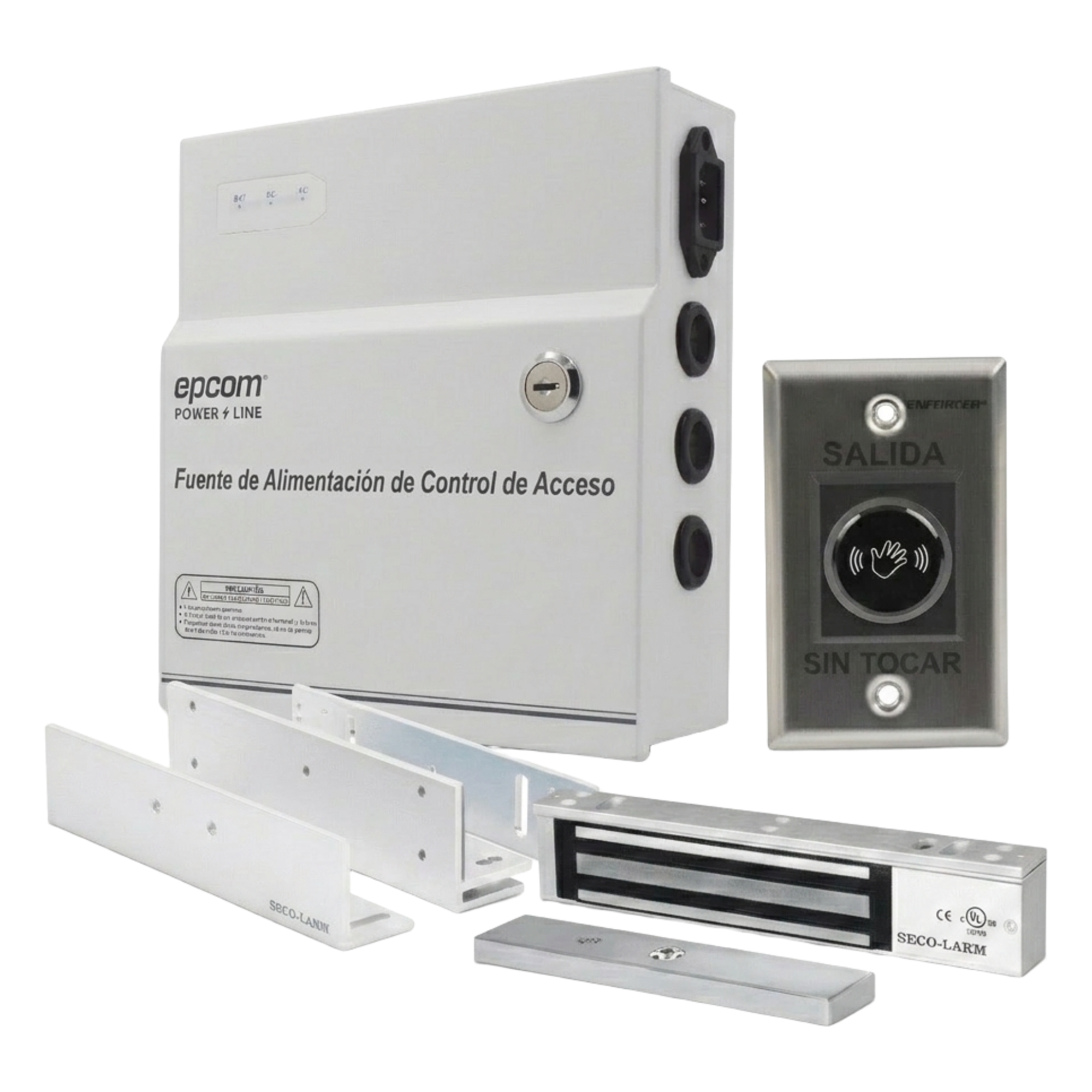 Kit para Control de Acceso Incluye Fuente de 12VCD / Soporta Batería de Respaldo/ Chapa Magnética de 600Lbs / Montajes L y Z / Botón de salida / Certificación UL y ETL — ENFORCER SECOLARM · SKU E941600/KIT12V