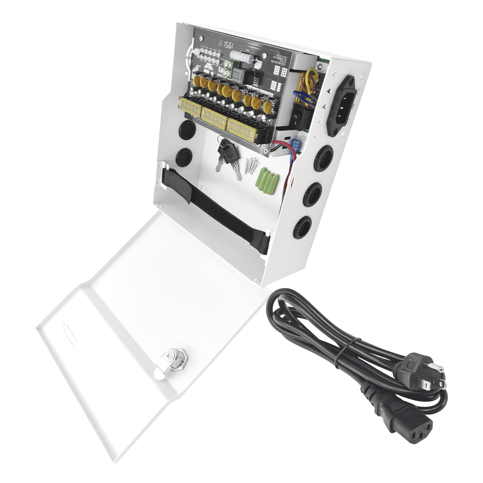 Fuente de Poder con ajuste de voltaje de 11- 15 Vcc / 10 A / 9 Salidas / Capacidad de Batería de Respaldo / Requiere Batería / Voltaje de Entrada 96-264 Vca — EPCOM POWERLINE · SKU PLK12DC8ABK